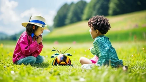 Children playing with beautiful beetles in the grassland、Children playing with beautiful beetles in the grassland、Colorful Mushiking