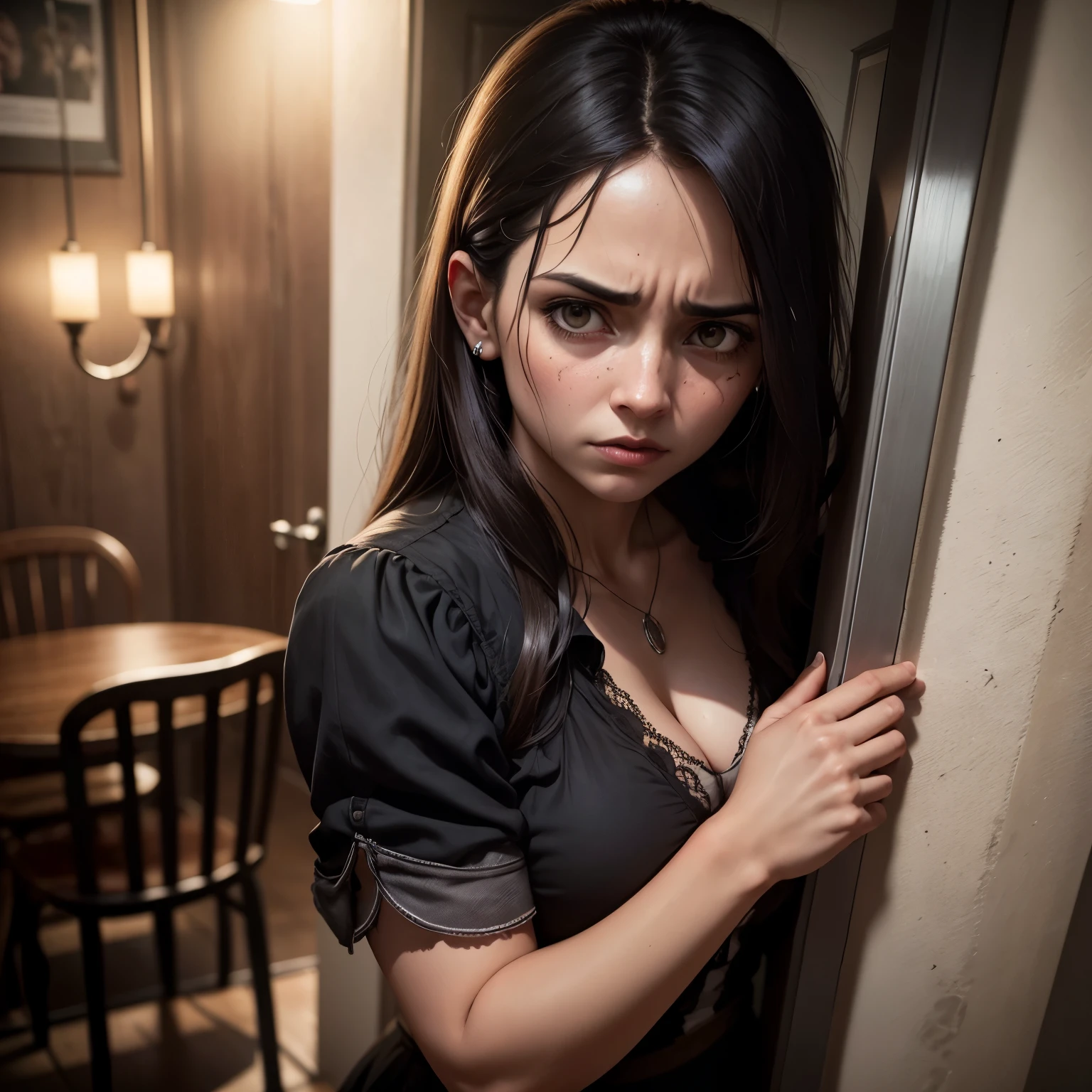 Serial killer holds woman hostage,cafe owner trying to reason with serial killer while protecting his daughter,em uma cafeteria,illustration,atmosfera escura e intensa,detailed facial expressions,design de interiores detalhado,high resolution,realista,Horror,paleta de cores suaves,Soft and dramatic lighting,sombras escuras,pai ansioso,mulher aterrorizada,brave cafe owner desperately negotiating,desperate plea for mercy,anguished expressions,luz de velas tremeluzente,stressful situation,atmosfera assustadora,ambiente sinistro,impasse tenso,nervous tension,sharp focus,suspense emocionante,retrato de medo e coragem,silhueta parcial do assassino,vozes sussurrando,soft dramatic music,clientes inquietos,Acentos carmesim,figura misteriosa no fundo,emotionally charged scene,dark scenery,narrativa convincente,heart-pounding moment,claustrophobic space,Scared expressions,palpable fear,infundido com adrenalina,encontro desesperador,ansiedade avassaladora,Grim determination,destino incerto,vivid emotions,atmosfera agitada,emotionally charged dialogue,mente distorcida do assassino,pedidos urgentes de ajuda,door locked for security,creative composition.