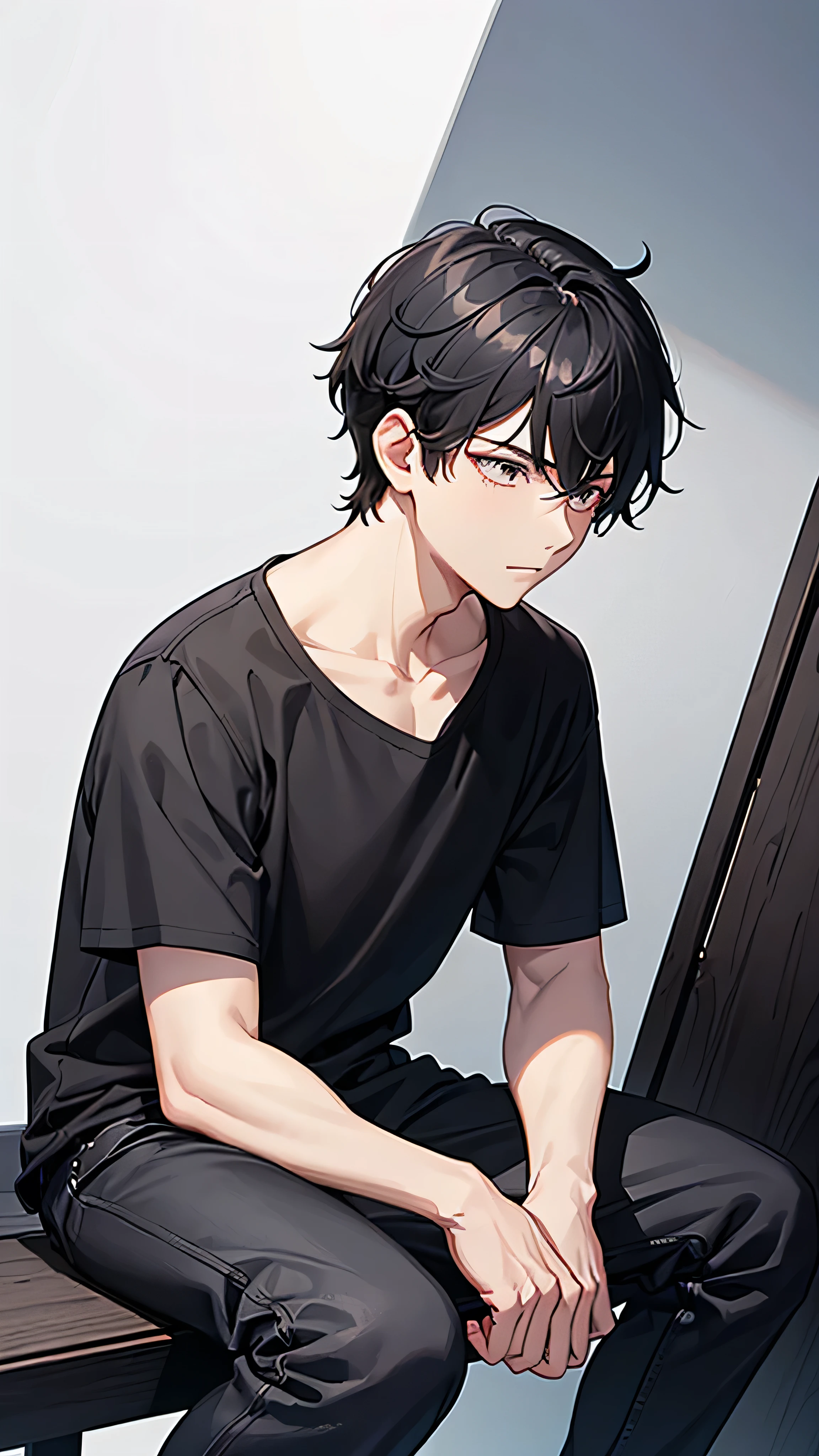 1boy, black short shirt, sit on bench, black hair, normal pose, side angle, side view, half-side view, look at you, cool boy, elegant boy, room background