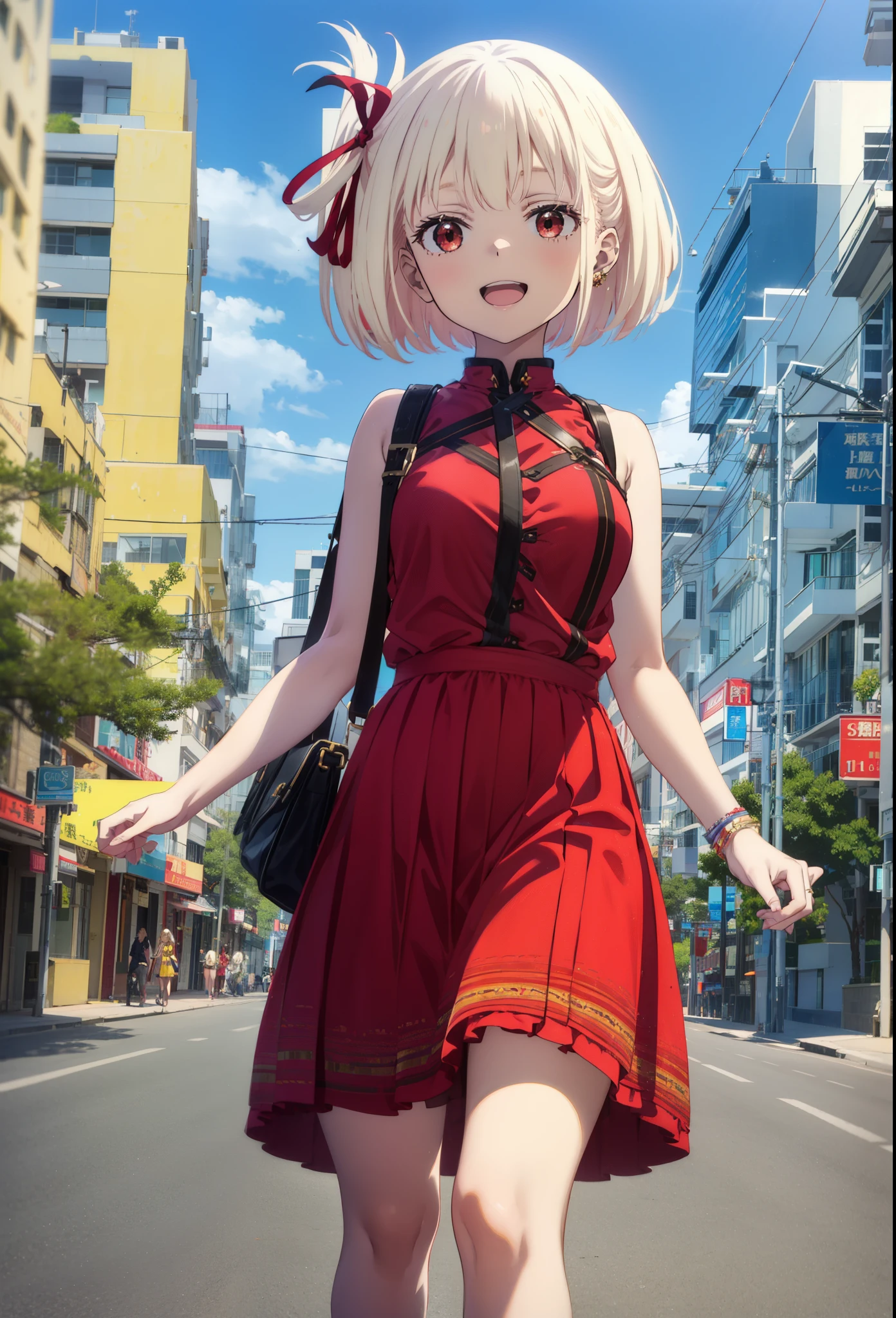 chisatonishikigi, Chisato Nishikigi, short hair, bangs, blonde, (Red eyes:1.5), Hair Ribbon, One side up, Bobcut,happy smile, smile, Open your mouth,
Open your mouth, Red sleeveless dress,Bare arms,Red long skirt,Cute Sandals,whole bodyがイラストに入るように,Walking,Daytime,sunny, walk,Looking up from below,break looking at viewer,whole body(Cowboy Shot:1. 1)break outdoors, In town,Coastal Road, break (masterpiece:1.2), highest quality, High resolution, unity 8k wallpaper, (shape:0.8), (Beautiful details:1.6), Highly detailed face, Perfect lighting, Extremely detailed CG, (Perfect hands, Perfect Anatomy),