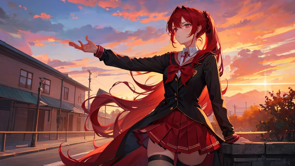 girl with red long hair, hair tied up, eyes upturned, cool girl, red school royal clothes, royal school, black stocking, 8k resolution, red sky, fantasy, sexy character, hair tied, school girl 