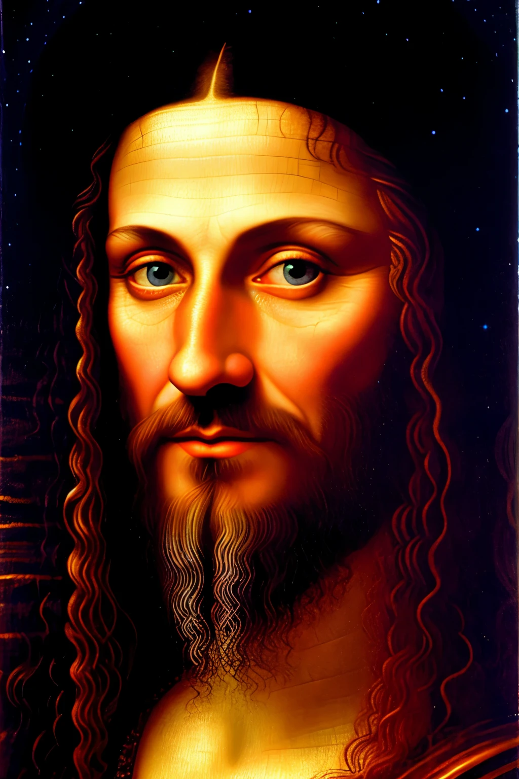 Title: Mystery Revealed - The Masterful Creation of a Super-Realistic, Hyper-Detailed, and Sensational AI Portrait

This breathtaking, high-resolution artwork showcases a highly detailed, super-realistic portrait of an enigmatic figure, reminiscent of a medieval king or philosopher. The portrait is meticulously painted, exhibiting a striking resemblance to Leonardo da Vinci's Mona Lisa, yet with a distinctive contemporary twist. The background is a captivating blend of deep blues, purples, and blacks that seem to swirl and dance, as if inspired by the cosmos itself.

The subject's face is