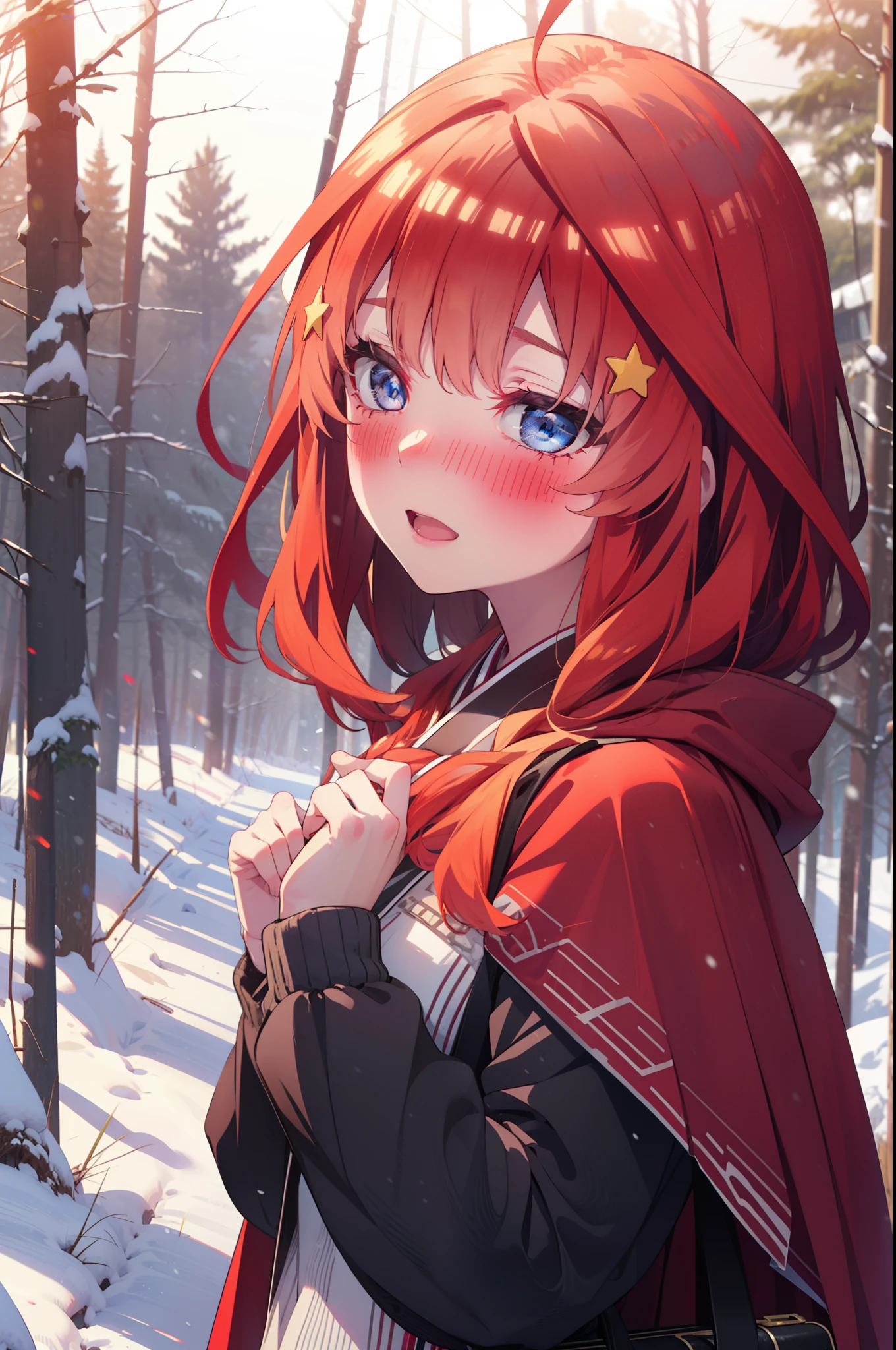 itsukinakano, Itsuki Nakano, bangs, blue eyes, Hair between the eyes, Ahoge, Redhead, star \(symbol\), hair ornaments, star hair ornaments,smile,blush,White Breath,
Open your mouth,snow, fire, Outdoor, boots, snowing, From the side, wood, suitcase, Cape, Blurred, Increase your meals, forest, White handbag, nature, Squat, Mouth closed, Hooded Cape, winter, Written boundary depth, Black shoes, red Cape break looking at viewer, Upper Body, whole body, break Outdoor, forest, nature, break (masterpiece:1.2), highest quality, High resolution, unity 8k wallpaper, (shape:0.8), (Beautiful and beautiful eyes:1.6), Highly detailed face, Perfect lighting, Extremely detailed CG, (Perfect hands, Perfect Anatomy),
