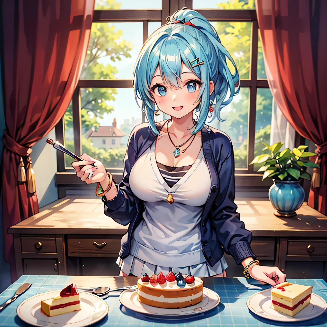 Anime Moe Art Style,highest quality,High resolution,Anatomically correct,One Girl,-teegirl with light blue hair in a ponytail,Super detailed,Fantasy World,cardigan,mini skirt,Big Breasts,A rich expression,A big smile,Cake making,Eyes drawn in detail,hair ornaments,necklace,bracelet,ring,8K