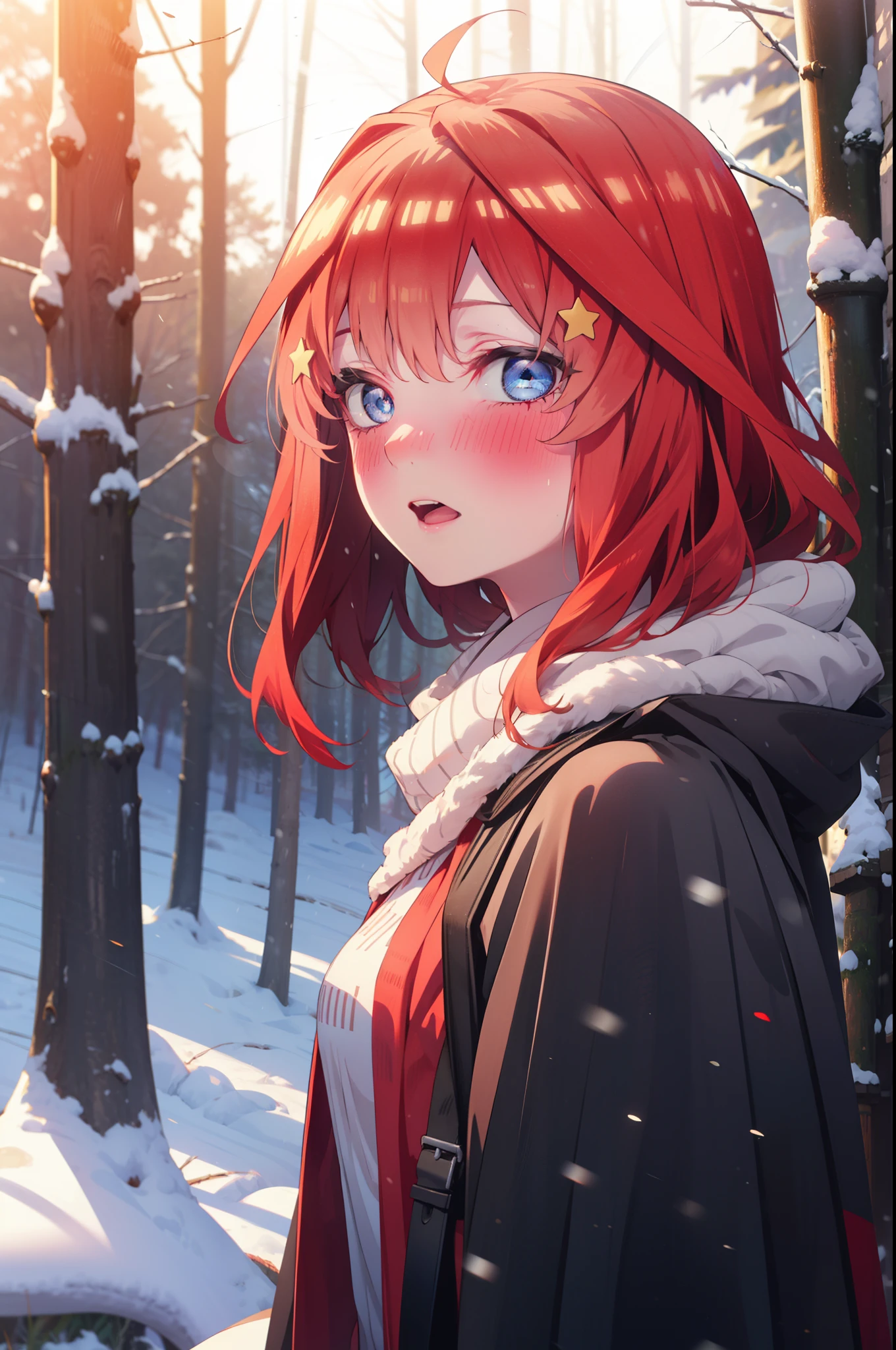 itsukinakano, Itsuki Nakano, bangs, blue eyes, Hair between the eyes, Ahoge, Redhead, star \(symbol\), hair ornaments, star hair ornaments,smile,blush,White Breath,
Open your mouth,snow, fire, Outdoor, boots, snowing, From the side, wood, suitcase, Cape, Blurred, Increase your meals, forest, White handbag, nature,  Squat, Mouth closed, Hooded Cape, winter, Written boundary depth, Black shoes, red Cape break looking at viewer, Upper Body, whole body, break Outdoor, forest, nature, break (masterpiece:1.2), highest quality, High resolution, unity 8k wallpaper, (shape:0.8), (Beautiful and beautiful eyes:1.6), Highly detailed face, Perfect lighting, Extremely detailed CG, (Perfect hands, Perfect ???????),