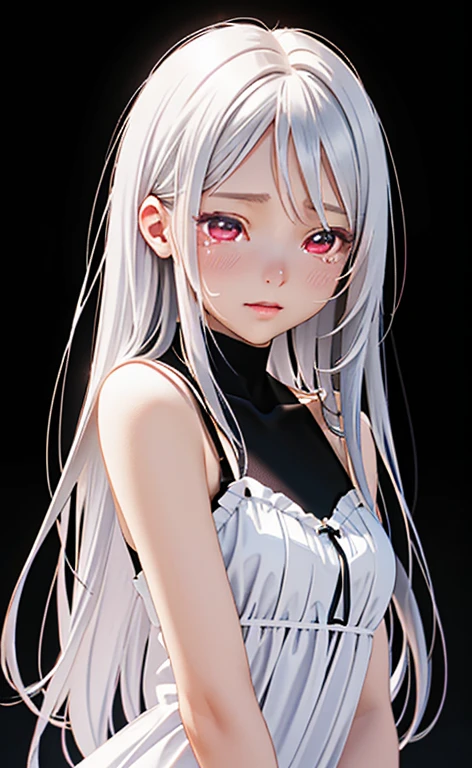 (Photorealistic:1.4)、asuna,(masterpiece、lens flare:1.5、spot light:1.2、Exquisite beautiful eyeonochrome:1.5,portlate、)、Cute Face、 3D Face、(platinum White hair:1.5、Straight Hair)、(1 Girl)、(Red eyes:1.2)、(upper body)、(),(Sundress)、 (Cute face:1.2),(sobbing),(half closed eyes),kind face,(Small breasts),(black background:1.5)、(glowing eyes:1.3)、()、 Neat and clean、Adorable、Slim Body(Tareme:1.5),Shiny Hair、(Glowing pink Skin)、Nijisketch,Manga,zydG