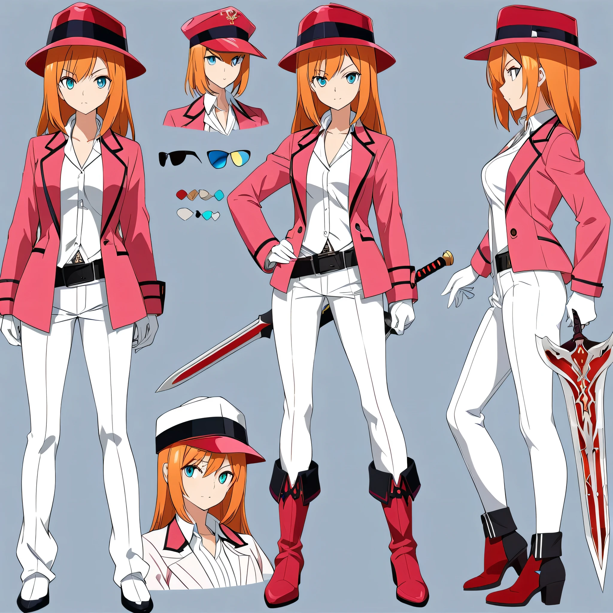 Female,Orange long hair,Cyan eyes,white glove,white short pants,white outfit,Pink Jacket,Red Armor,Red sword,mafia hat,HD,Anime Design sheet,white Background