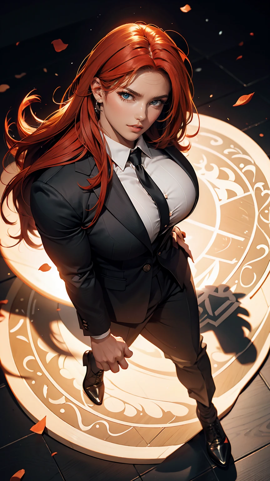 Long eyelashes, Round eyes, throw, Straight hair, Long Hair, Redhead, Big Breasts, eyeball, compensate, Cast a Shadow, High detail, 8k, Super detailed, Accurate, highest quality, Textured skin, Full body image, Performance, face, Angry Eyes, Angry expression, From above, Wearing black suit pants, Wearing a black men&#39;s suit, On the bed, Lying down