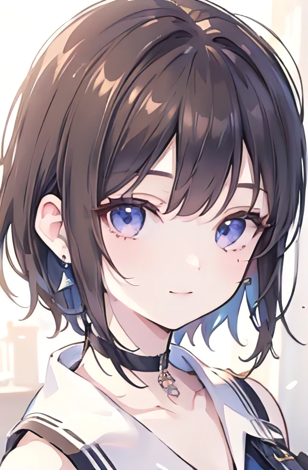 1girl, anime_coloring, black_eyes, black_gloves, brown_hair, choker, earrings, gloves, jewelry, letterboxed, parody, short_hair, smile, solo, style_parody, / (best quality,4k,8k,highres,masterpiece:1.2),ultra-detailed,(realistic,photorealistic,photo-realistic:1.37),highly detailed face, exquisite details, vivid colors, dynamic lighting, cinematic composition, intricate background, striking pose