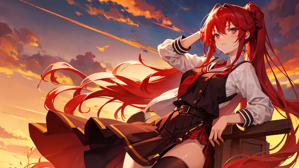girl with red long hair, hair tied up, eyes upturned, cool girl, red school royal clothes, royal school, black stocking, 8k resolution, red sky, fantasy, sexy character, hair tied, school girl
