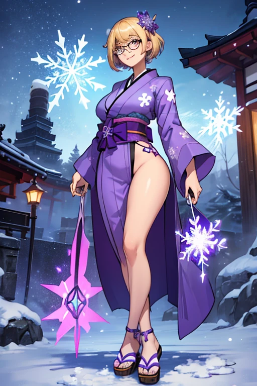 female, blonde short hair with purple trim, purple eyes, robotic, (((1girl))), (((purple kimono with light blue snowflakes))), (Japanese sandals), (glasses), cute and sexy, full body, large breasts, large butt, long legs, smiling