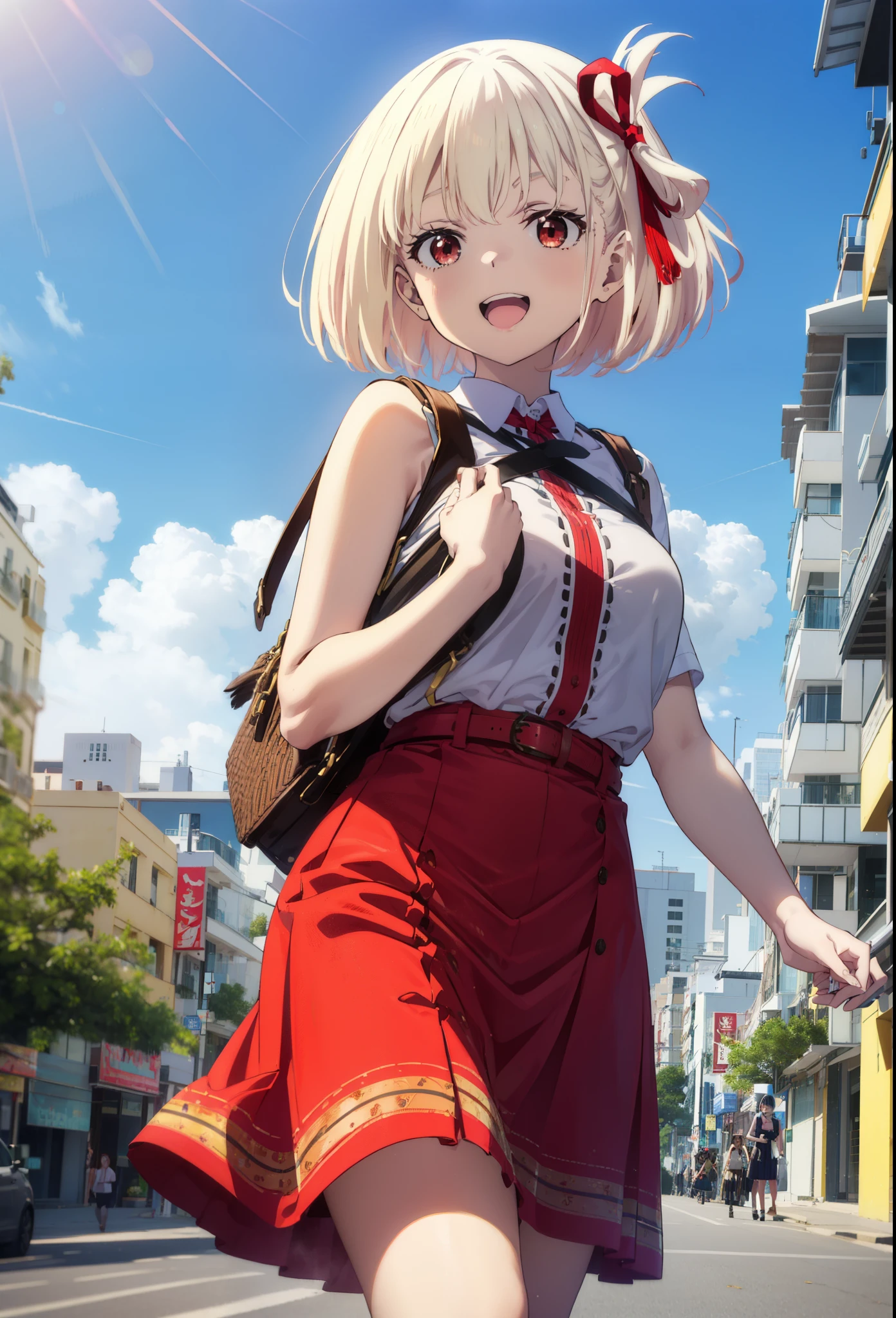 chisatonishikigi, Chisato Nishikigi, short hair, bangs, blonde, (Red eyes:1.5), Hair Ribbon, One side up, Bobcut,happy smile, smile, Open your mouth,
Open your mouth, Red sleeveless dress,Bare arms,Red long skirt,Cute Sandals,whole bodyがイラストに入るように,Walking,Daytime,sunny, walk,Looking up from below,break looking at viewer,whole body(Cowboy Shot:1. 1)break outdoors, In town,Coastal Road, break (masterpiece:1.2), highest quality, High resolution, unity 8k wallpaper, (shape:0.8), (Beautiful details:1.6), Highly detailed face, Perfect lighting, Extremely detailed CG, (Perfect hands, Perfect Anatomy),