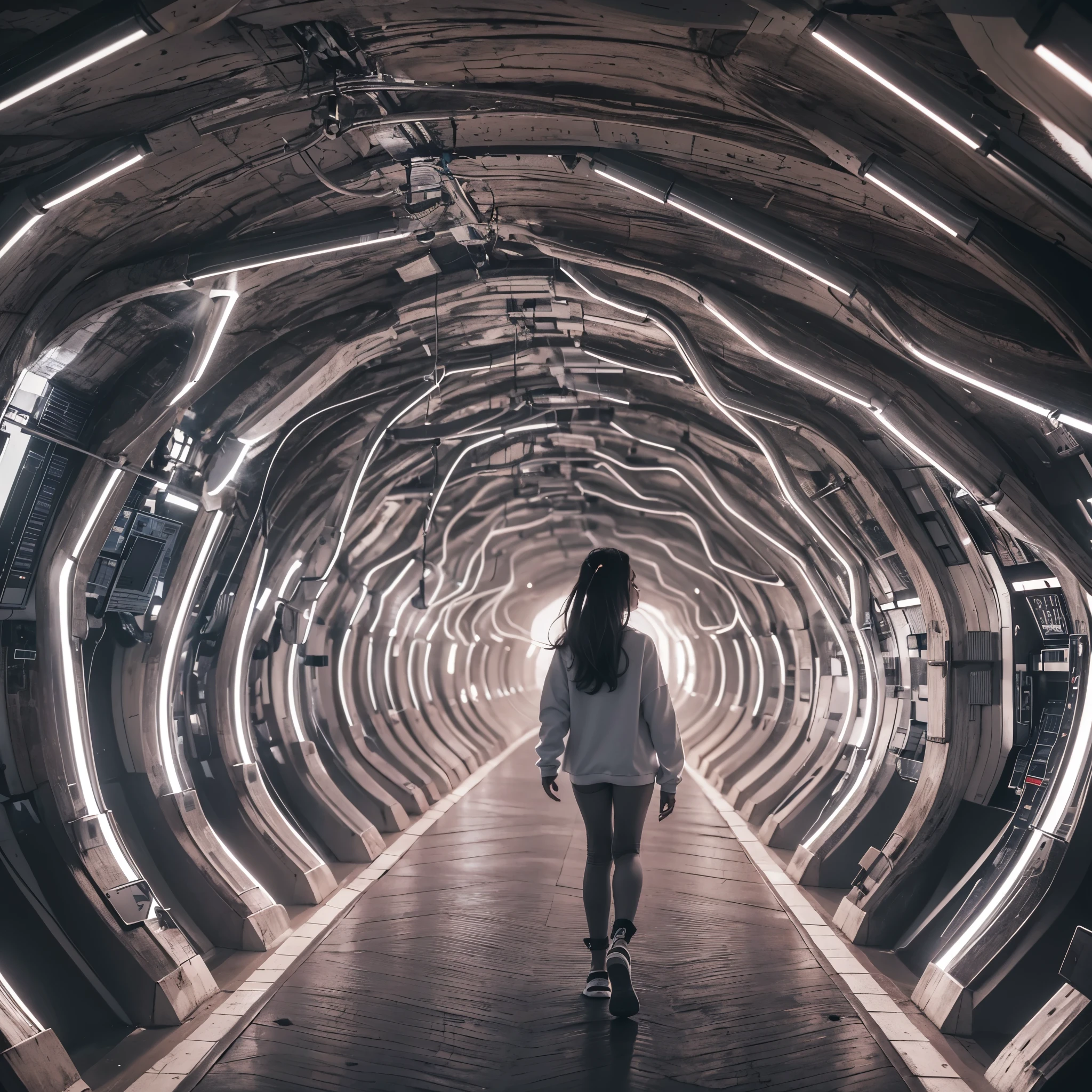 Best quality,masterpiece,16k,In the curved tunnel,Multi-line lighting,Futuristic,Future Technology Tunnel,Complex structure,Girl who ran away,Girl being chased by monster
