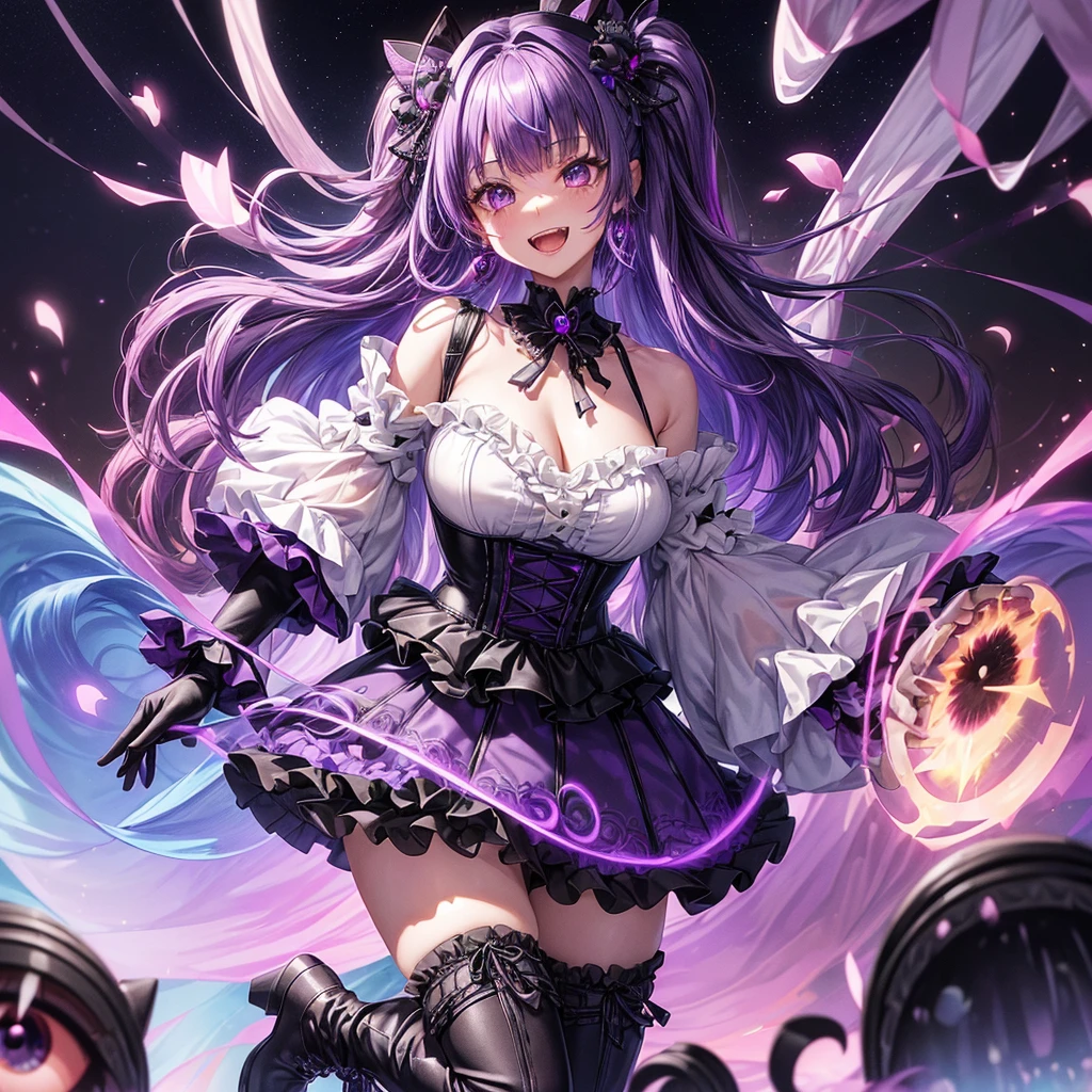 Girl, Raiden Shogun, Korean woman, shoulder exposure, shoulder smooth texture latex, coveted smile, anime feel, evil devil, {black painting}, {teasing smile}, {teasing smile}, high quality, clear picture,