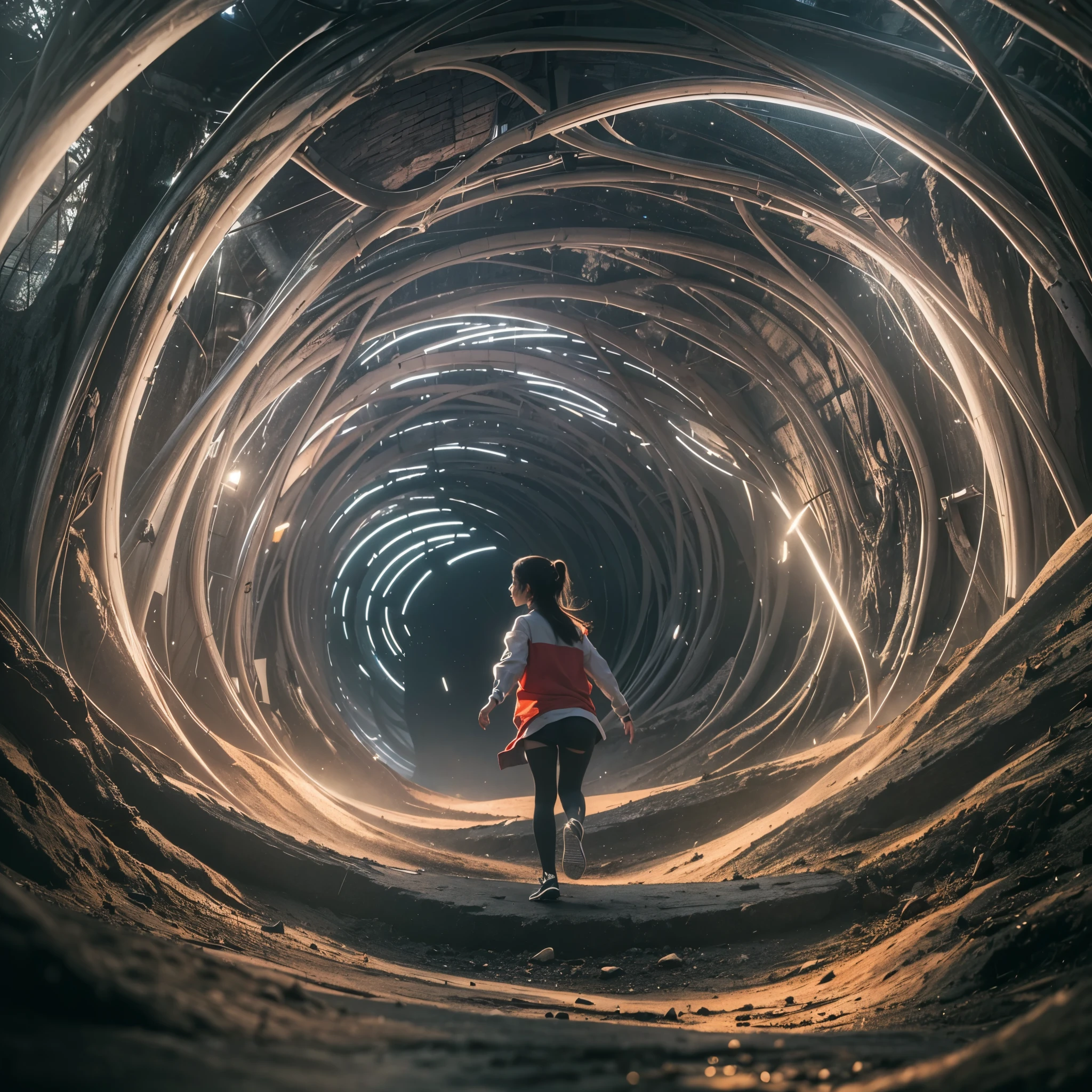 Best quality,masterpiece,16k,In the curved tunnel,Multi-line lighting,Futuristic,Future Technology Tunnel,Complex structure,Girl who ran away,Girl being chased by monster