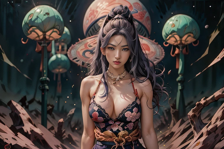 (Ukiyo-e:1.9)、woodblock print、woodblock print、otherscape、SF、Space Opera、(Beautiful woman fighting an alien:1.5)、Purple clouds gather、Detailed face、Beautiful Eyes、Elegant garments、Intricate floral pattern、Delicate skin、Natural light、A calming color palette、Soft Focuasterpiece、skimpy leather costume、spaceship、alien、night、mynatalee woman