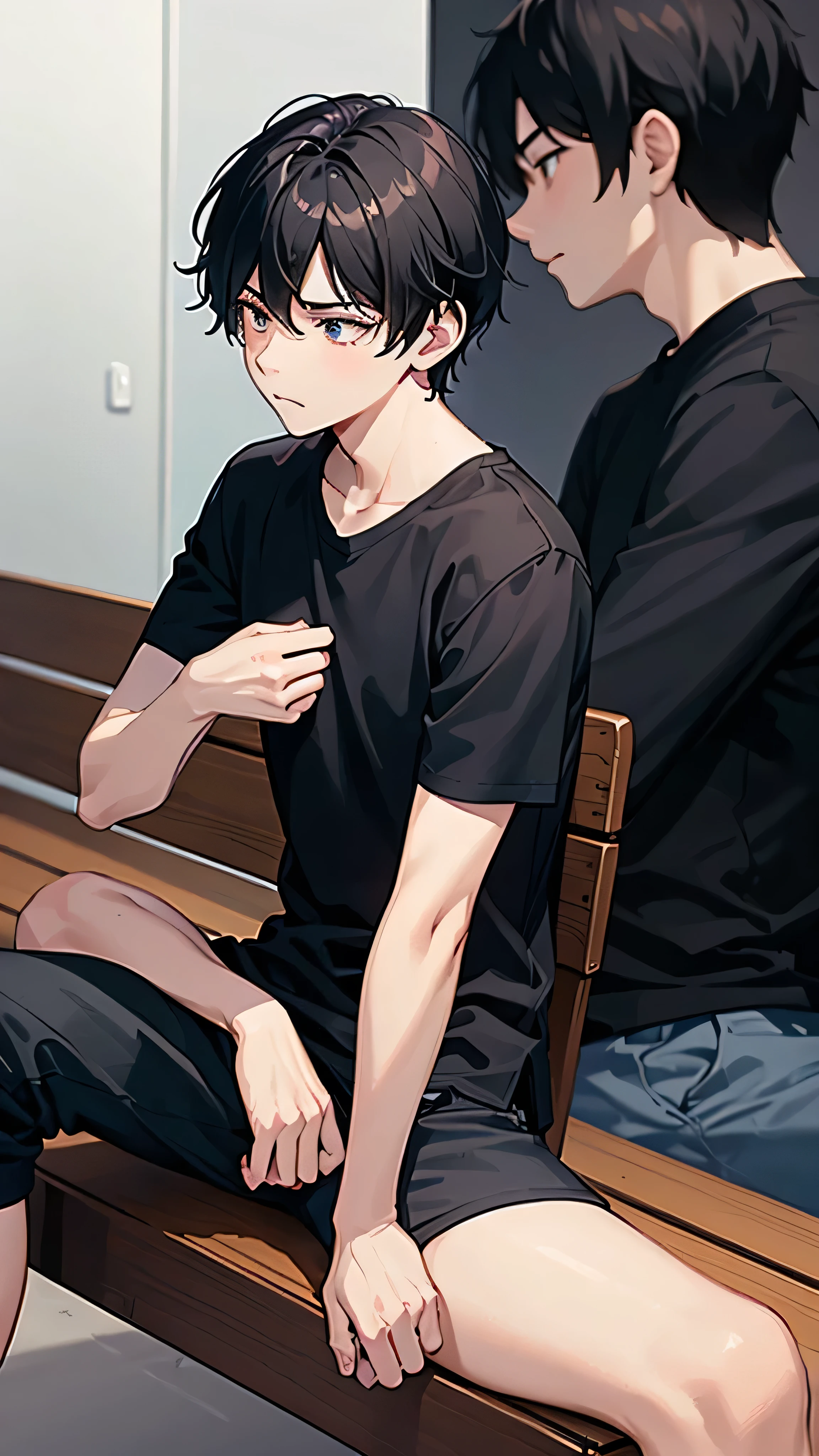 1 boy, black short shirt, sit on bench, black hair, normal pose, side angle, side view, half-side view, look at you, cool boy, elegant boy, room background, hand lay down.