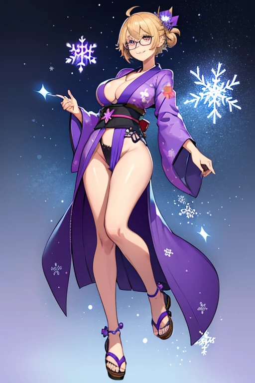 female, blonde short hair with purple trim, purple eyes, robotic, (((1girl))), (((purple kimono with light blue snowflakes))), (Japanese sandals), (glasses), cute and sexy, full body, large breasts, large butt, long legs, smiling