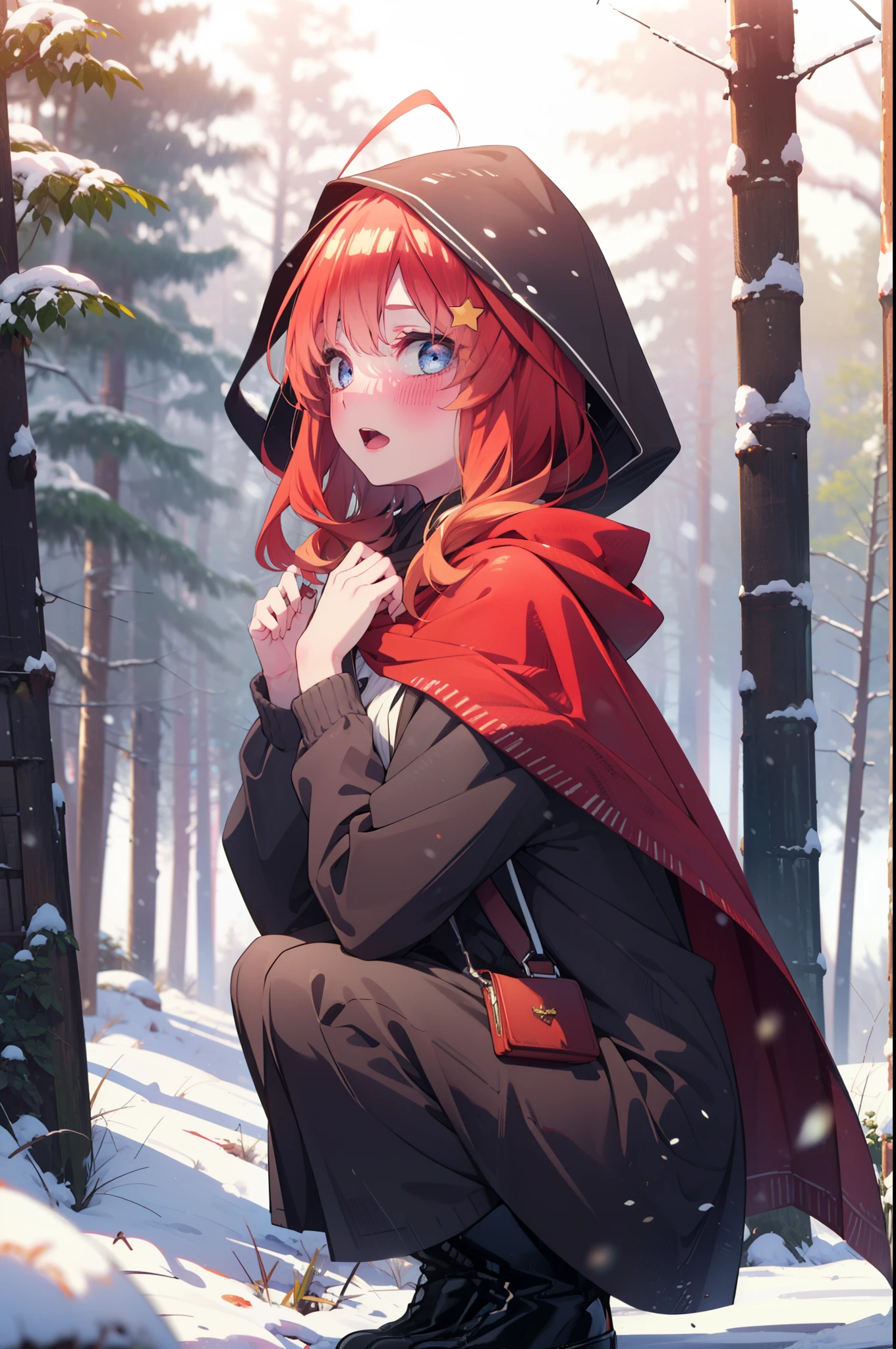 itsukinakano, Itsuki Nakano, bangs, blue eyes, Hair between the eyes, Ahoge, Redhead, star \(symbol\), hair ornaments, star hair ornaments,smile,blush,White Breath,
Open your mouth,snow, fire, Outdoor, boots, snowing, From the side, wood, suitcase, Cape, Blurred, Increase your meals, forest, White handbag, nature,  Squat, Mouth closed, Hooded Cape, winter, Written boundary depth, Black shoes, red Cape break looking at viewer, Upper Body, whole body, break Outdoor, forest, nature, break (masterpiece:1.2), highest quality, High resolution, unity 8k wallpaper, (shape:0.8), (Beautiful and beautiful eyes:1.6), Highly detailed face, Perfect lighting, Extremely detailed CG, (Perfect hands, Perfect Anatomy),