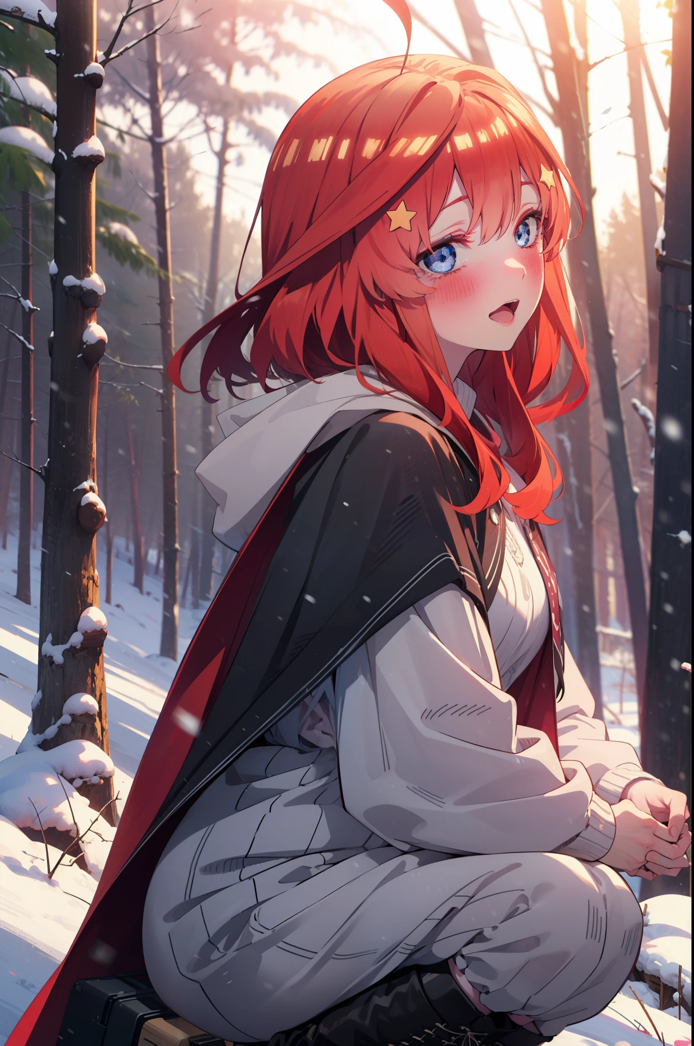 itsukinakano, Itsuki Nakano, bangs, blue eyes, Hair between the eyes, Ahoge, Redhead, star \(symbol\), hair ornaments, star hair ornaments,smile,blush,White Breath,
Open your mouth,snow, fire, Outdoor, boots, snowing, From the side, wood, suitcase, Cape, Blurred, Increase your meals, forest, White handbag, nature,  Squat, Mouth closed, Hooded Cape, winter, Written boundary depth, Black shoes, red Cape break looking at viewer, Upper Body, whole body, break Outdoor, forest, nature, break (masterpiece:1.2), highest quality, High resolution, unity 8k wallpaper, (shape:0.8), (Beautiful and beautiful eyes:1.6), Highly detailed face, Perfect lighting, Extremely detailed CG, (Perfect hands, Perfect Anatomy),