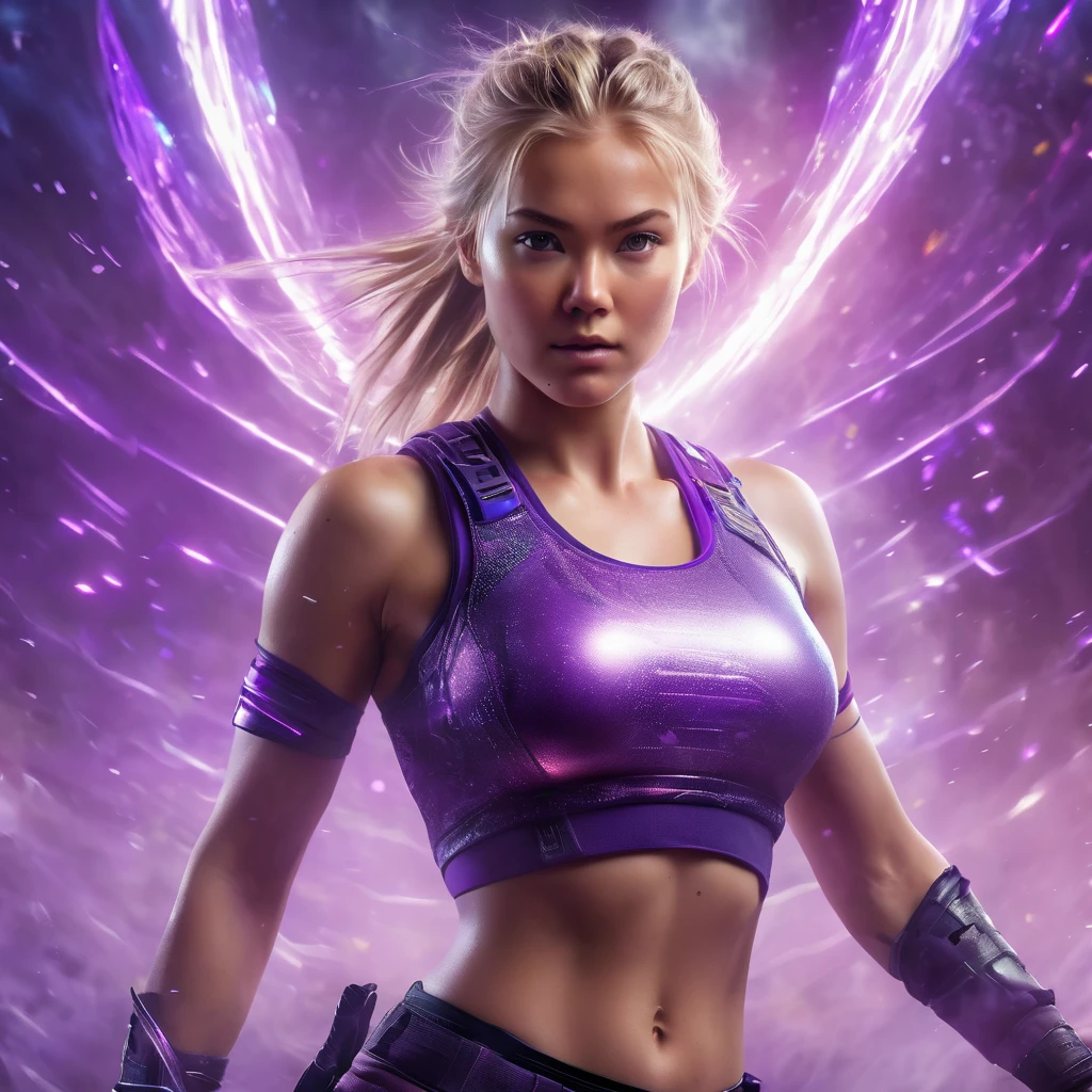 A handsome Norwegian girl, sharp eyes, clear facial features, wearing top tank, combat posture, martial arts movements, body surrounded by purple mist, runes around, holographic reality, holographic halo, motion blur, game light effects, edge light, soft light, movie edge light, delicate light, masterpiece, super detailed, epic composition, super HD, high quality, highest quality, 32k