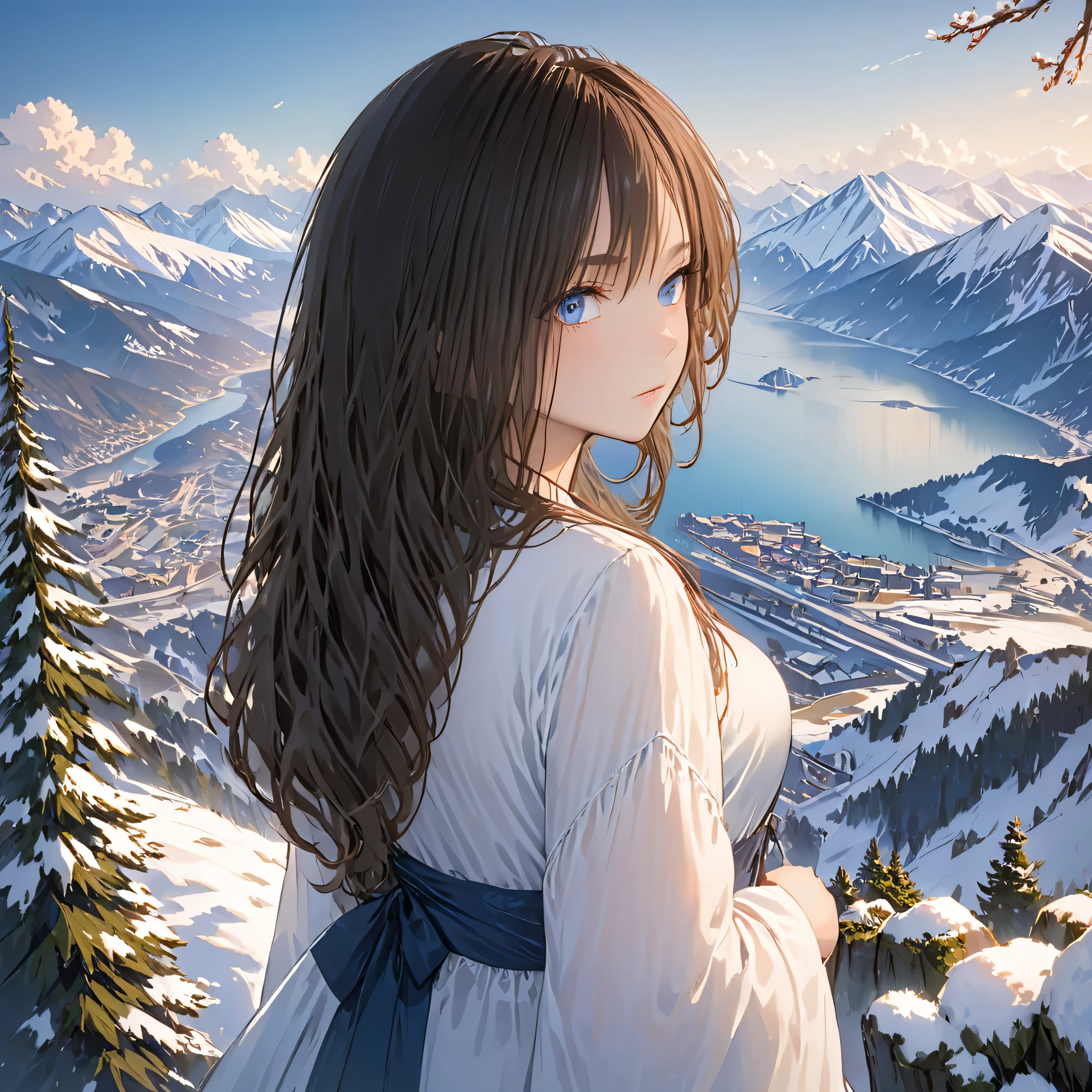 ((masterpiece)),highest quality, figure, dark, 1 girl, In the wilderness,The mountain is high,snowy mountains visible in the distance, city, Beautiful and delicate eyes,  Beautiful fine hair,