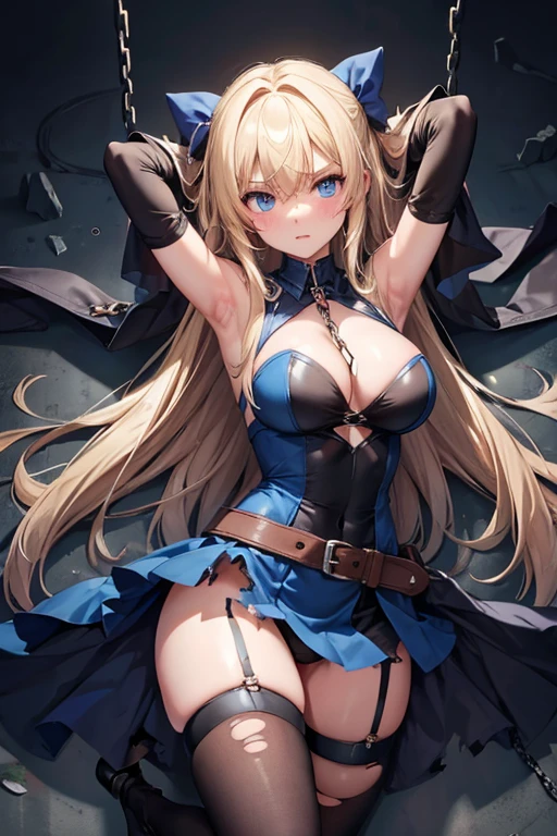 torn_clothes, torn_legwear, chain, torn_dress, thighhighs, chained, long_hair, breasts, large_breasts, blue_eyes, 1girl, bound, blonde_hair, cuffs, restrained, torn_shirt, open_mouth, torn_skirt, torn_sleeves, shackles, dress, torn_gloves, blush, rating:safe, bdsm, v-shaped_eyebrows, blue_dress, injury, black_legwear, cleavage, very_long_hair, solo, boots, rating:questionable, gloves, looking_at_viewer, cape, eyebrows_visible_through_hair, bruise, arms_up, tearing_up, torn_leotard, bangs, belt