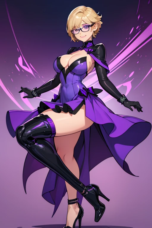 female, blonde short hair with purple trim, purple eyes, robotic, (((1girl))), (((purple evening dress with knee length skirt and light blue trim))), (black opera gloves), (black heels), (glasses), cute and sexy, full body, large breasts, large butt, long legs, smiling