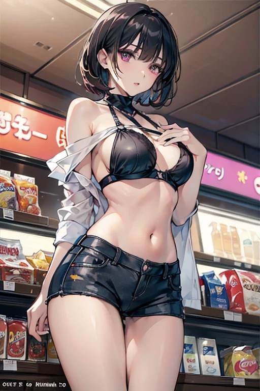 (masterpiece, Best Quality, ultra-detailed, high resolution, extremely detailed CG, official art, Professional Lighting, Perfect Anatomy, anime colors), (from below), looking at viewer, cowboy shot, perfect body, 24yo beautiful 1girl, medium hips, glamorous body,a small face,beautiful-makeup,Makeup light,Shortcut Hair,dark brown hair、Bust b Cup, Amazing Cleavage, thin waist, big ass, Raised sexy, big breast: 1.2 posed cleavage:1.2, (off shoulders,Sportsbra,legginullnude), micro denim shorts, bare legs, nail_polish, pale skin, Waiting friend, (morning:1.5), tokyo, (convenience store:1.3), outdoor, (depth of field:1.3), contrapposto, (Hold a coffee in your hand:1.3),delicate beautiful face, Bright magenta eyes, cute eyes, sparkling eyes, Big eyes, (big breasts:1.3), (perky chest:1.1), (pointed chest:1.3), looking at viewer, 