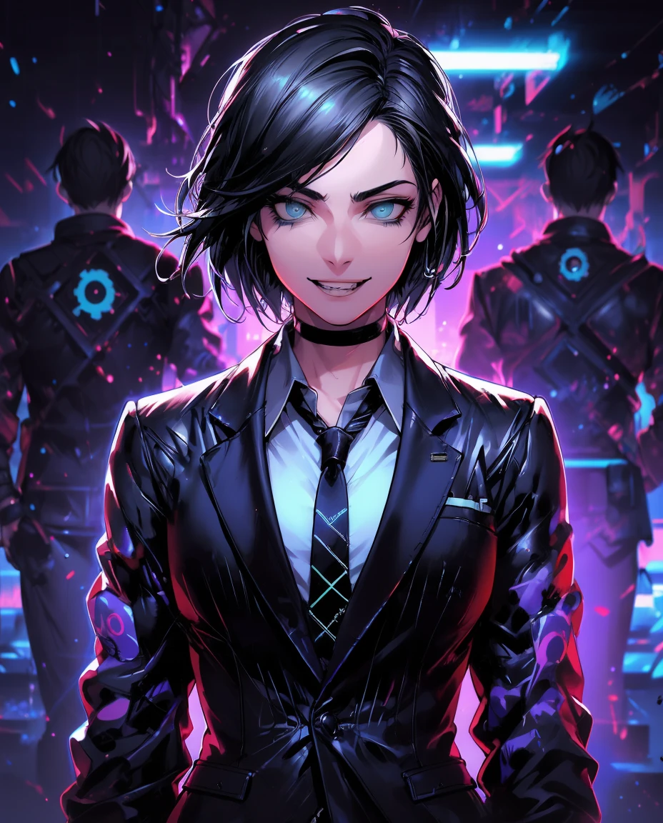 ouka_niji 5 girl beautiful inspired charlie bowater character cyberpunk- desenho no estilo de Mike Deotado, Androgynous niji 6 , man crazy smile, jacket, holding a neon black e blue, cube sticking 