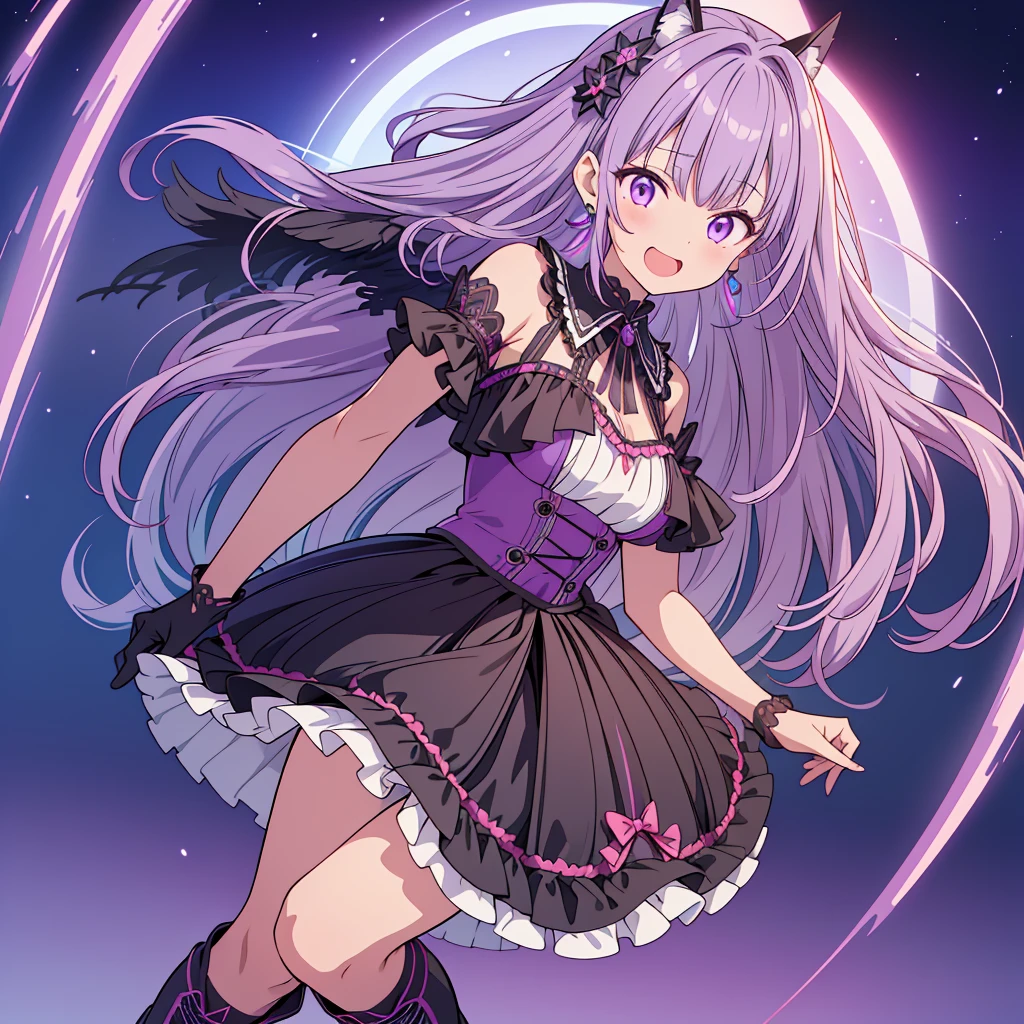 Best image quality、(((Esbian all over))),Character portrait、Excellent style、Laugh as hard as you can、Beautiful feet、Leather shoes、Dynamic Pose、, young、Gothic Lolita, (((Light purple hair))), Purple eyes, (mascara), Blunt bangs, ((Hair above the eyes)), Long Hair, Pink mixed hair、Mesh color pink、Medium chest, Frills,白いFrills, Black Theme, break ((colorful, Bright colors):1.3), (like a hologram々Bright colors彩を放つドレスです:1.5), ((rainbow crinoline, Multilayer skirt that stands out in black):1.4), (Gothic Lolita:1.2), (Lace-up:1.2), ((No sleeve, Exposing shoulders):1.2), (Rainbow fairy wings:1.3), break (Platform high boots:1.1), (Long gloves:1.2), ((Earrings, Reman):1.2), Faithfully, (((Eye focus))), (((Laughter))), The background is blurred, Hollow Eyes, Purple Theme、Displaying the viewer, (((night))), (((hair ornaments)))
