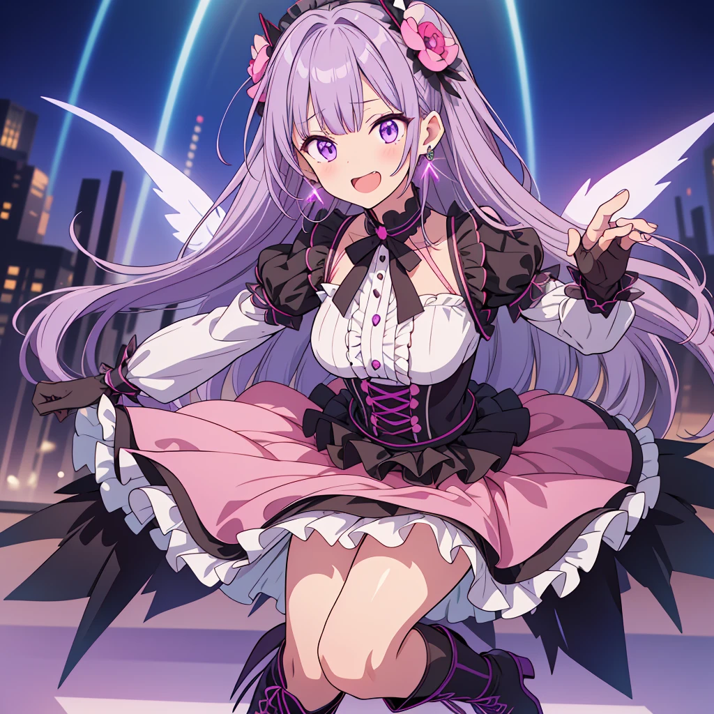 Best image quality、(((Esbian all over))),Character portrait、Excellent style、Laugh as hard as you can、Beautiful feet、Leather shoes、Dynamic Pose、, young、Gothic ****ta, (((Light purple hair))), Purple eyes, (mascara), Blunt bangs, ((Hair above the eyes)), Long Hair, Pink mixed hair、Mesh color pink、Medium chest, Frills,白いFrills, Black Theme, break ((colorful, Bright colors):1.3), (like a hologram々Bright colors彩を放つドレスです:1.5), ((rainbow crinoline, Multilayer skirt that stands out in black):1.4), (Gothic ****ta:1.2), (Lace-up:1.2), ((No sleeve, Exposing shoulders):1.2), (Rainbow fairy wings:1.3), break (Platform high boots:1.1), (Long gloves:1.2), ((Earrings, Reman):1.2), Faithfully, (((Eye focus))), (((Laughter))), The background is blurred, Hollow Eyes, Purple Theme、Displaying the viewer, (((night))), (((hair ornaments)))