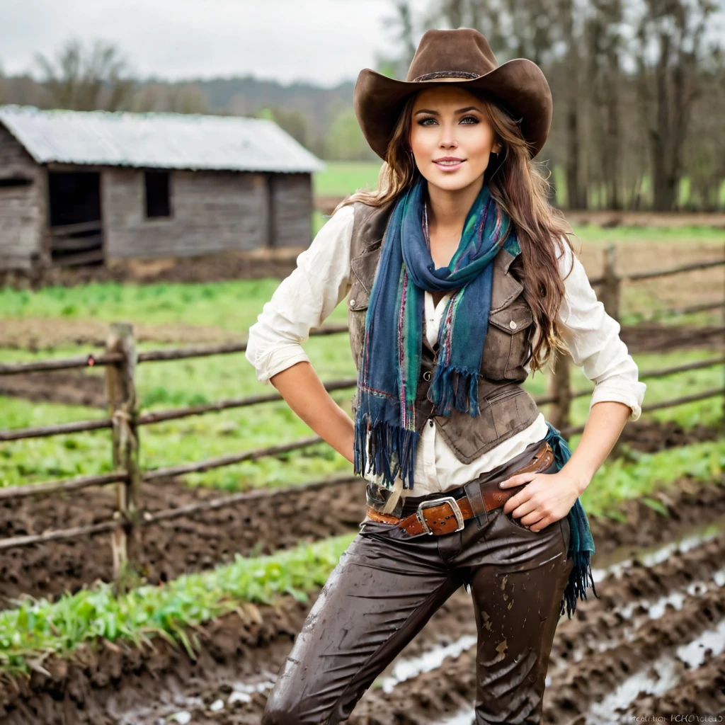 portrait of beautiful women in muddy farm:1.2 , cowboy hat, fringed waistcoat , trousers, scarf , confidence , medium breast,