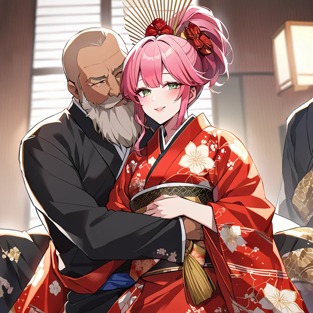 ((highest quality)), ((masterpiece)), (detailed), （Perfect Face）、（The woman is Rena, with short pink hair and a happy smile, and is hugging and kissing the strong and dignified Oda Nobunaga in a luxurious samurai mansion.、The woman is the wife of Oda Nobunaga, and is wearing a gorgeous embroidered uchikake kimono with brightly colored and patterned Japanese patterns, her hair is tied in a bunkin takashimada style, and she is adorned with gorgeous accessories from the Edo period, including a gorgeous hairpin, and she is holding her  daughter.）、The man is a middle-aged man with a strong and dignified appearance, wearing a luxurious kimono, a beard and a topknot, named Oda Nobunaga, who is embracing the woman and kissing her fondly.