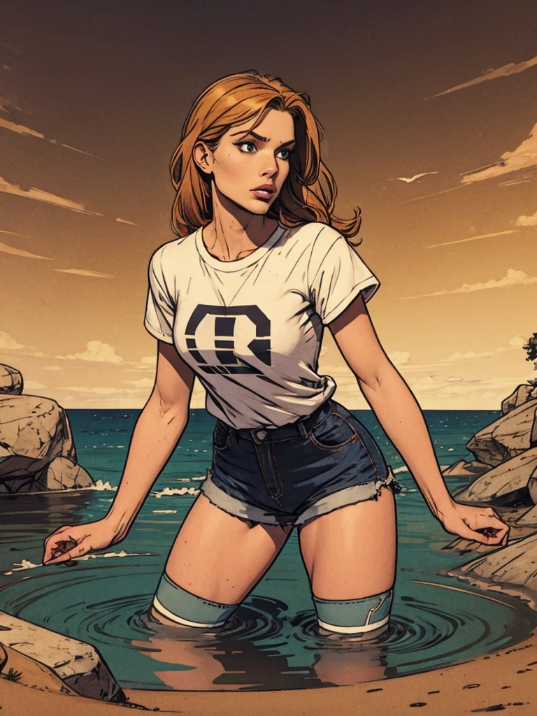 masterpiece, extreme, sensation:1.2, plain background:1.2,attention-grabbing:1.2, horny, depraved pleasure, feminine facial features, t-shirt, stockings with garters, shorts, horny posing, sinking, plain quicksand:1.4,