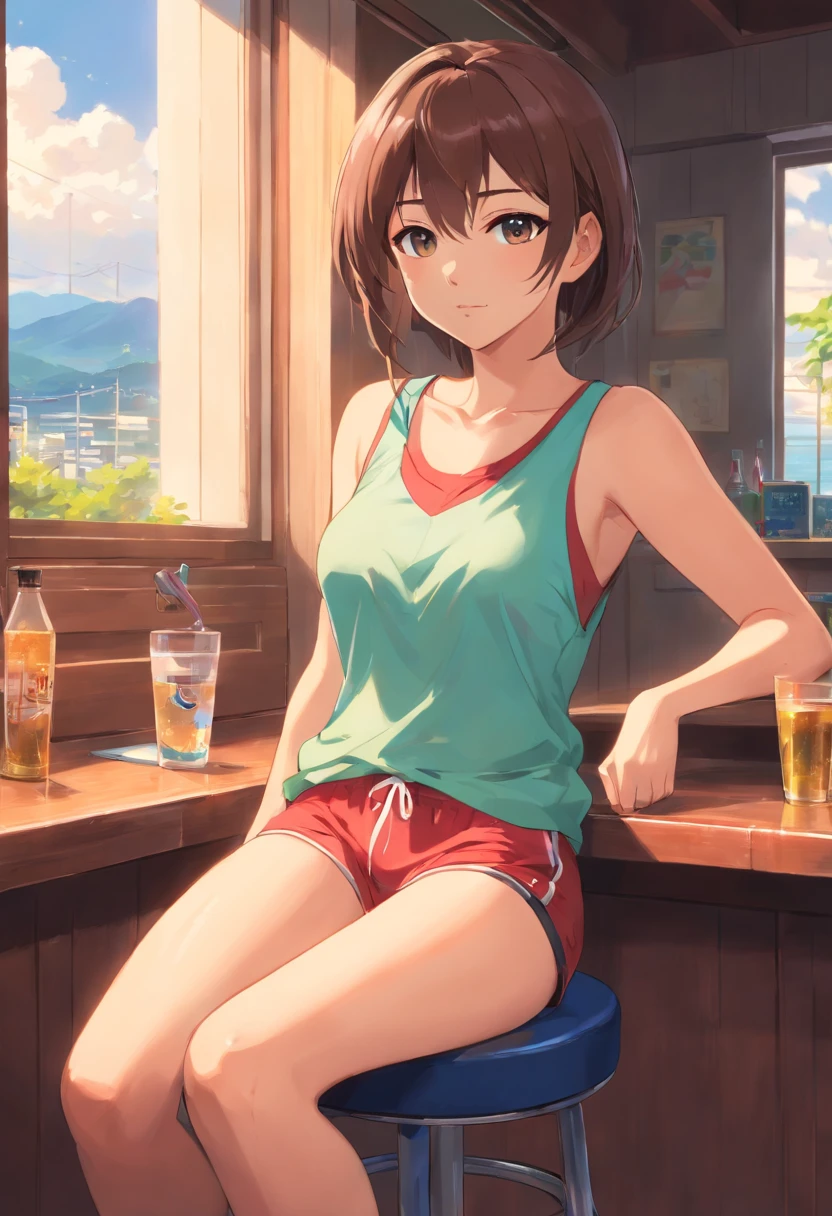 a very sexy anime women in running shorts and no bra sitting down in barstool, 1girl, solo, breasts, sitting, long hair, short shorts, cleavage, looking at viewer, curtains, blush, navel, window, short shorts, indoors, large breasts