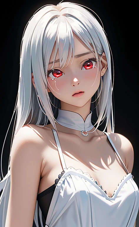 (Photorealistic:1.4)、asuna,(masterpiece、lens flare:1.5、spot light:1.2、Exquisite beautiful eyeonochrome:1.5,portlate、)、Cute Face、 3D Face、(platinum White hair:1.5、Straight Hair)、(1 Girl)、(Red eyes:1.2)、(upper body)、(),(Sundress)、 (Cute face:1.2),(sobbing),(half closed eyes),kind face,(Small breasts),(black background:1.5)、(glowing eyes:1.3)、()、 Neat and clean、Adorable、Slim Body(Tareme:1.5),Shiny Hair、(Glowing pink Skin)、Nijisketch,Manga,zydG