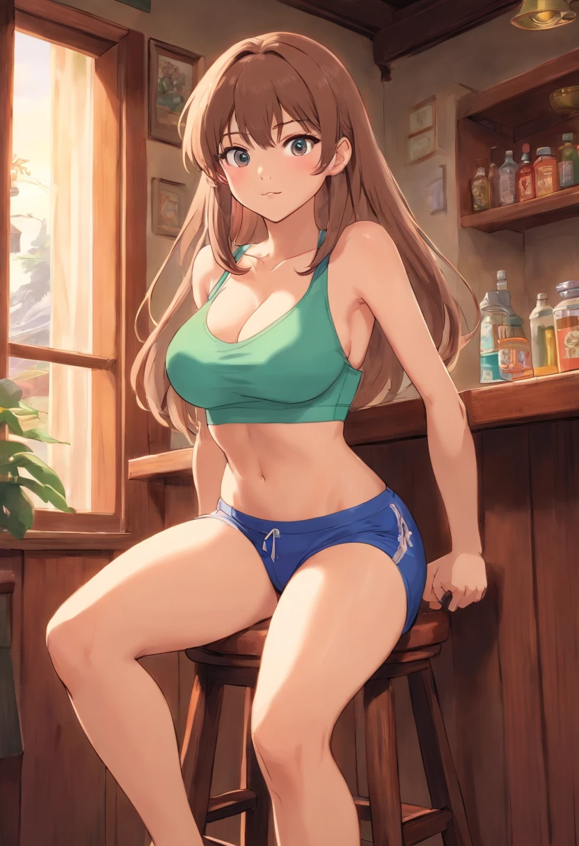 a very sexy anime women in running shorts and no bra sitting down in barstool, 1girl, solo, breasts, sitting, long hair, short shorts, cleavage, looking at viewer, curtains, blush, navel, window, short shorts, indoors, large breasts