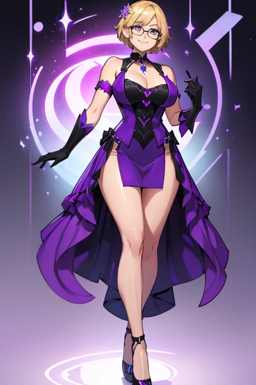 female, blonde short hair with purple trim, purple eyes, robotic, (((1girl))), (((purple evening dress with knee length skirt and light blue trim))), (black opera gloves), (black heels), (glasses), necklace with snowflake pendant), cute and sexy, full body, large breasts, large butt, long legs, smiling