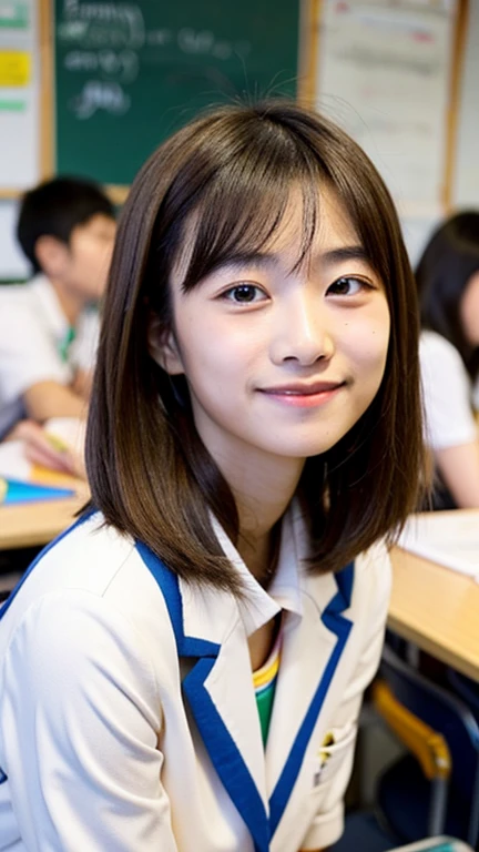 Asian, taiwanese, masterpiece, one girl, kawaii, best quality, pretty, student, school, bestie, happy moment, at class room, pov, bob hair, fair skin, smiling, brown hair,