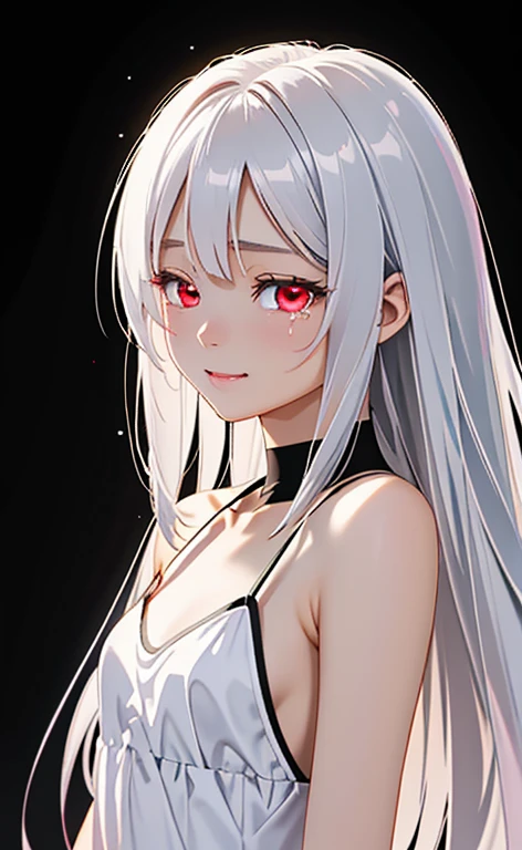 (Photorealistic:1.4)、asuna,(masterpiece、lens flare:1.5、spot light:1.2、Exquisite beautiful eyeonochrome:1.5,portlate、)、Cute Face、 3D Face、(platinum White hair:1.5、Straight Hair)、(1 Girl)、(Red eyes:1.2)、(upper body)、(),(Sundress)、 (Cute face:1.2),(crying smile),(half closed eyes),kind face,(Small breasts),(black background:1.5)、(glowing eyes:1.3)、()、 Neat and clean、Adorable、Slim Body(Tareme:1.5),Shiny Hair、(Glowing pink Skin)、Nijisketch,Manga,zydG