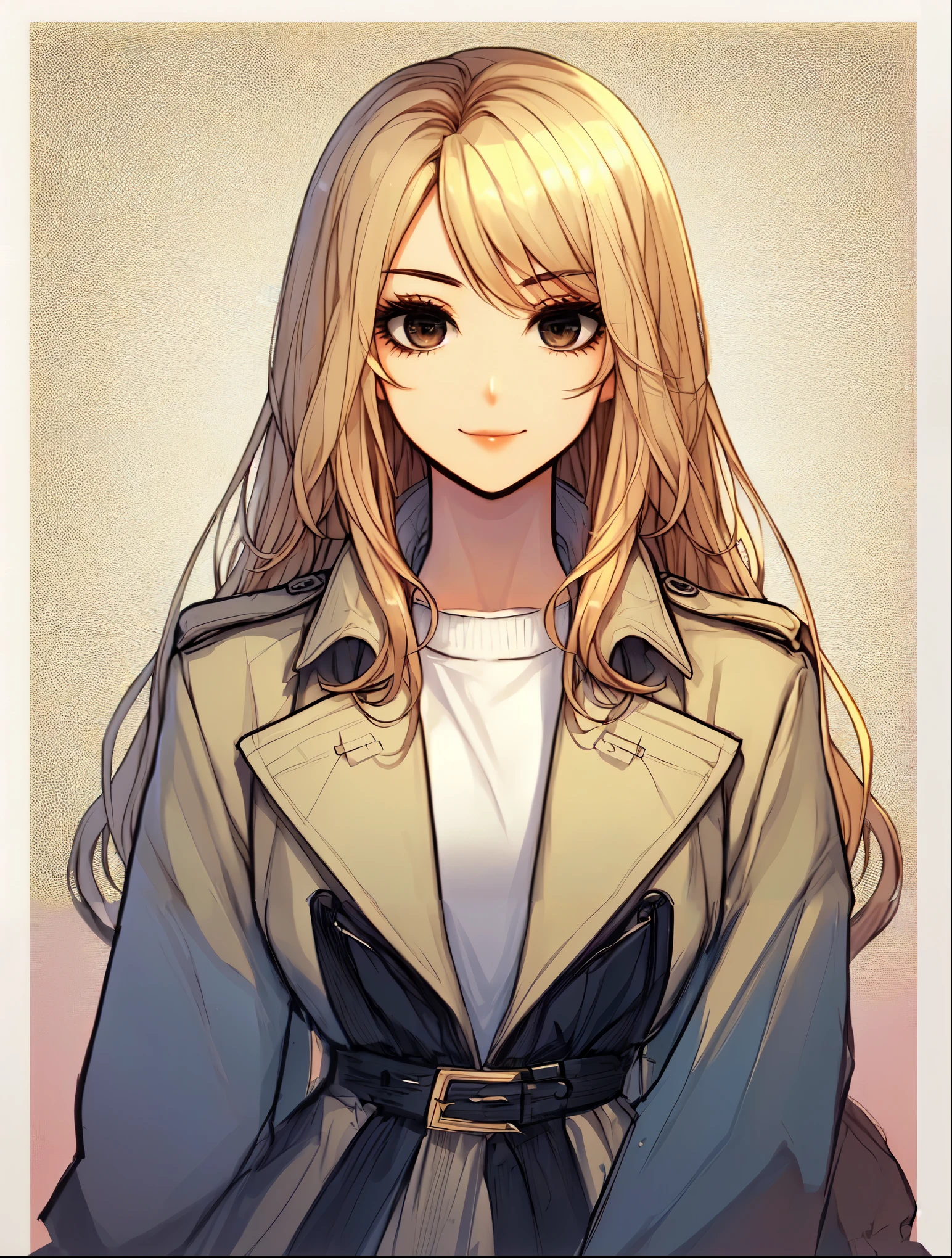 Anime girl with long blonde hair and a trench coat, Anime style portrait, Cute Anime Girl portrait, blonde anime girl with long hair, Cute realistic portrait, Cute Anime Girl portraits, Beautiful anime portraits, Anime Girl Portrait, Attractive anime girl, Realistic anime art style, Anime Girl Portrait, Realistic young anime girl, portrait of Cute Anime Girl, Beautiful Anime Girls, Cute Anime Girl
