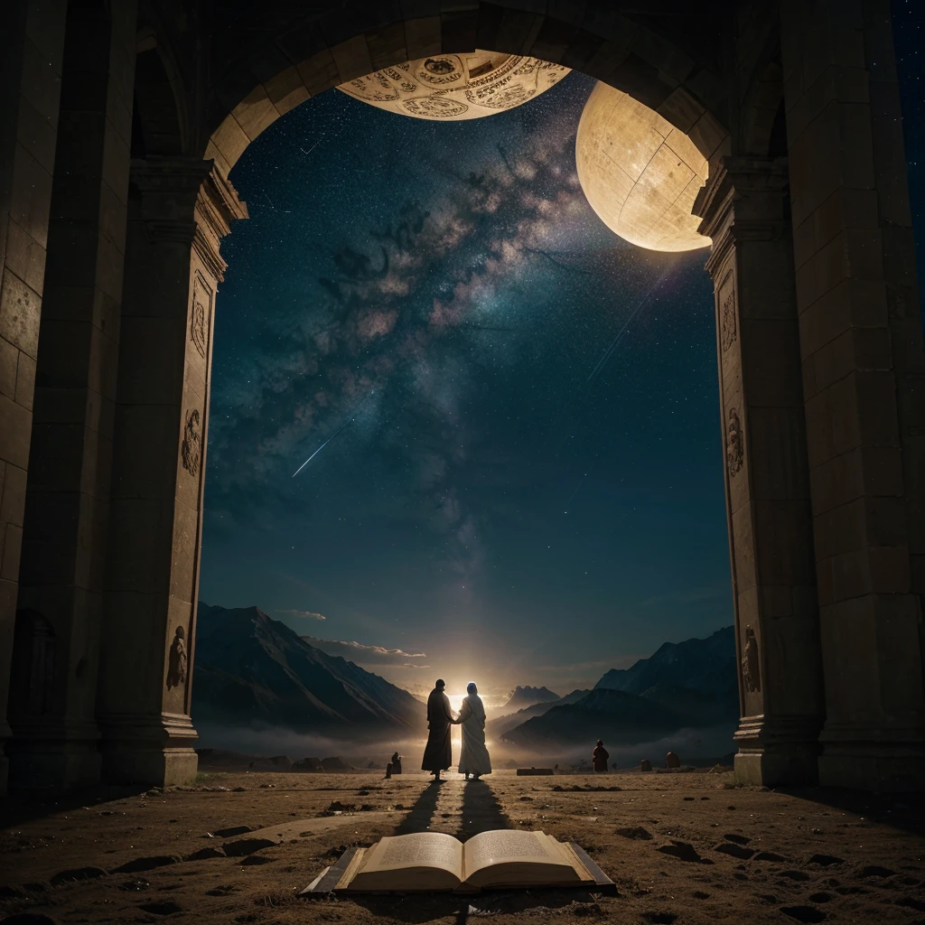 https://img.youtube.com/vi/gShxNwbwDcs/maxresdefault.jpg 
Create an epic historical scene depicting a massive open book in the foreground with ancient scripture visible. Behind the book, a surreal and vivid landscape transitions from day to night across the sky. On the left, a bright day with a rising sun and on the right, a night sky with stars emerging. Flanking the book, rows of diverse, ancient people from different epochs, including men and women in traditional robes, are walking towards the book, some are discussing, some are gesturing towards the skies, expressing awe and curiosity. Include towering statues on both sides of the scene, symbolizing guardians or historical figures, overseeing the crowd. The atmosphere is one of reverence and mystical discovery. --ar 16:9 --no frame --v 6.0