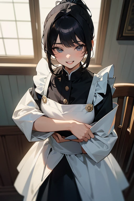 ponytail、(Highest Resolution, clear_image) highest quality, Single person, One woman, alone, masterpiece, Very detailed, Semi-realistic, Black Hairのショートヘア, Black Hair, bangs, 18-year-old, mature, light blue uniform, uniform, Indoor Background, kind, Authoritative, Powerful, exquisite features, exquisite features、Eyelashes become longer、Showing teeth、smile😀、Maid clothes、woman'Fingers in the、Sleeping on the sofa、Long Hair、Fluttering in the wind、Cleaning、Navy blue clothes、ponytail、Run、