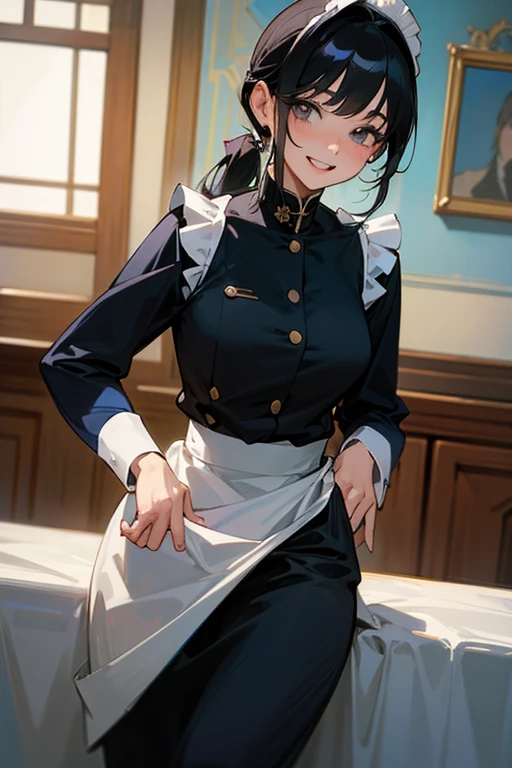 ponytail、(Highest Resolution, clear_image) highest quality, Single person, One woman, alone, masterpiece, Very detailed, Semi-realistic, Black Hairのショートヘア, Black Hair, bangs, 18-year-old, mature, light blue uniform, uniform, Indoor Background, kind, Authoritative, Powerful, exquisite features, exquisite features、Eyelashes become longer、Showing teeth、smile😀、Maid clothes、woman'Fingers in the、Sleeping on the sofa、Long Hair、Fluttering in the wind、Cleaning、Navy blue clothes、ponytail、Run、