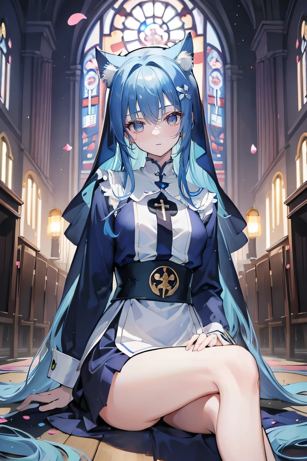 (masterpiece:1.2),Extremely detailed,Practical,expressive eyes,Fair skin,Perfect face shaping,1 Girl,
Japanese cartoons,Gorgeous blue hair, the long flowing blue hair,Floating clothes,Cat ears,Petals fall,beautiful lola,Young Angel,
Place your hands on your waist,sit elegantly on the ground,Cross your legs,Gentle and peaceful background,church,Nun&#39;s Clothes,back view,lie on the water. 