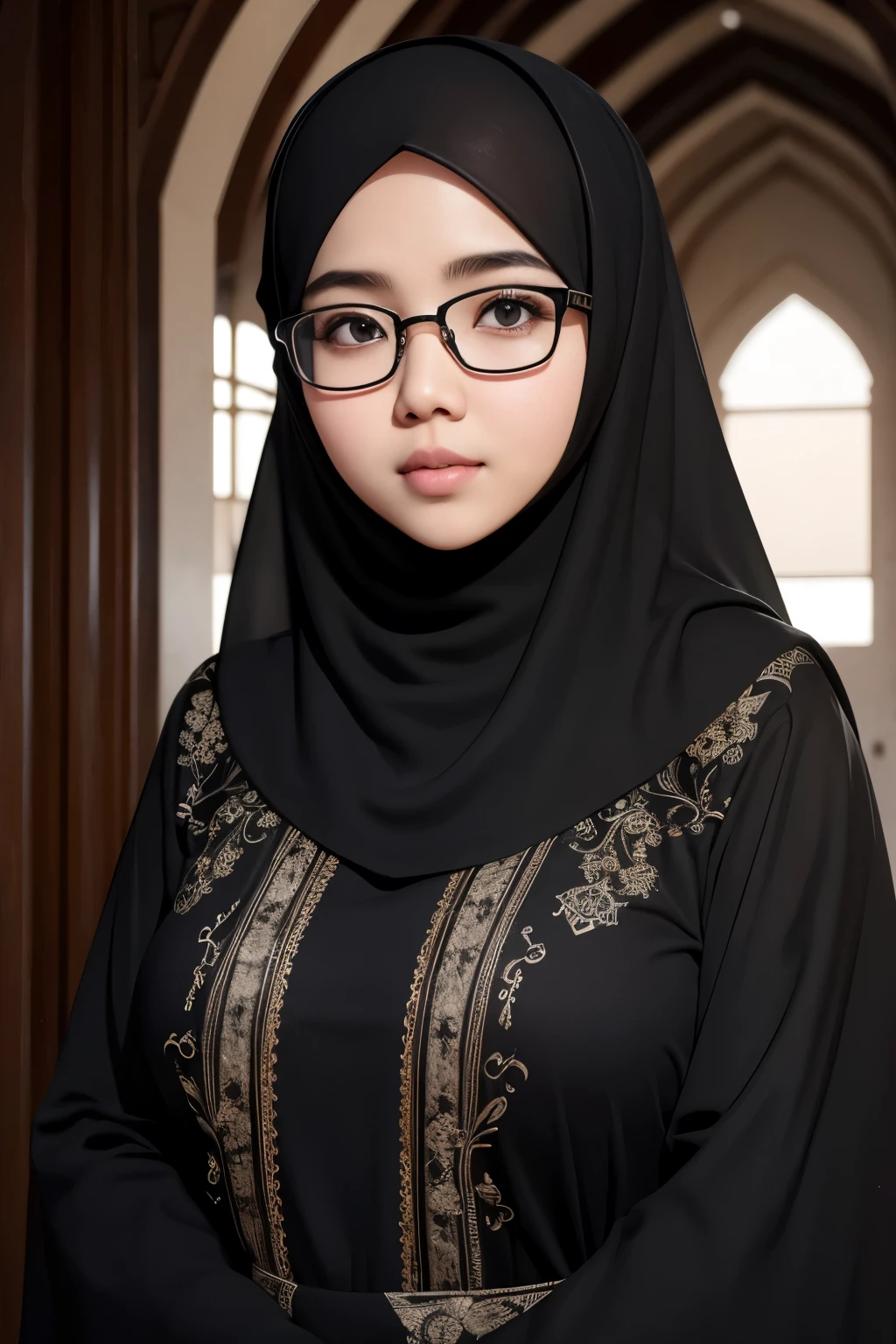 detailed face of photo. 20 year old white skin slim body Indonesian girl with a sweet  face,   round face chubby face and long  round glasses wearing black hijab and black abaya in mosque