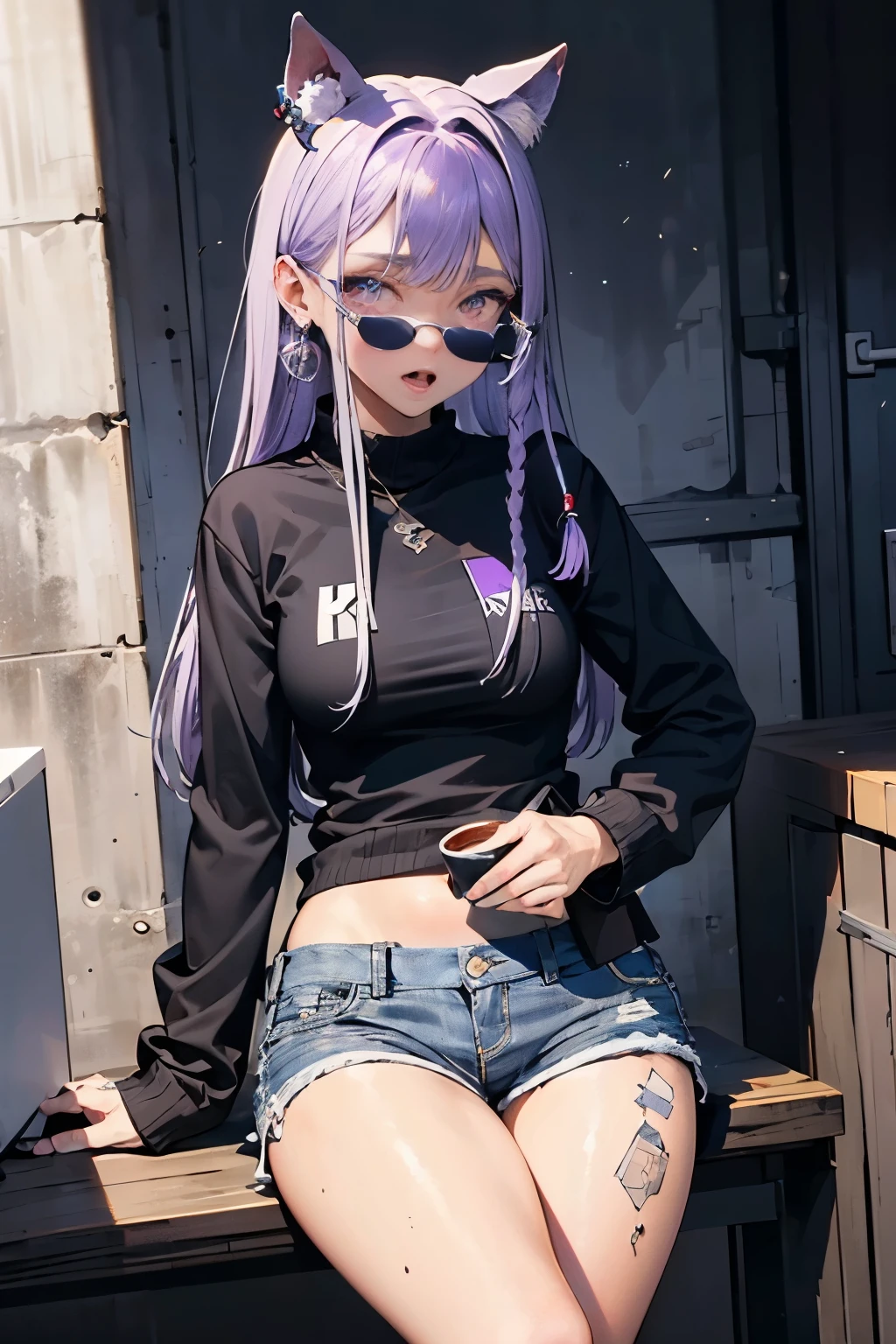 1 garota, official anime art illustration, (longo ((violet)) dreadlocks), olhos violetas, nariz arredondado, maquiagem olho de gato, ((Mulher caribenha alta, gorda, de pele escura, dentro de uma padaria, ao lado de doces frescos)), Seios pequenos, (usando moletom com capuz curto com motivo de melancia), tatuagem acima do umbigo, braceletes e pulseiras douradas, shorts jeans skinny escuro rasgado, Coxas rechonchudas, excited expression, holding coffee in hand, perfeitamente fotorrealista, Incrivelmente detalhado, 8K, UHD, Obra de arte, melhor qualidade, ultra detalhado, intricado,