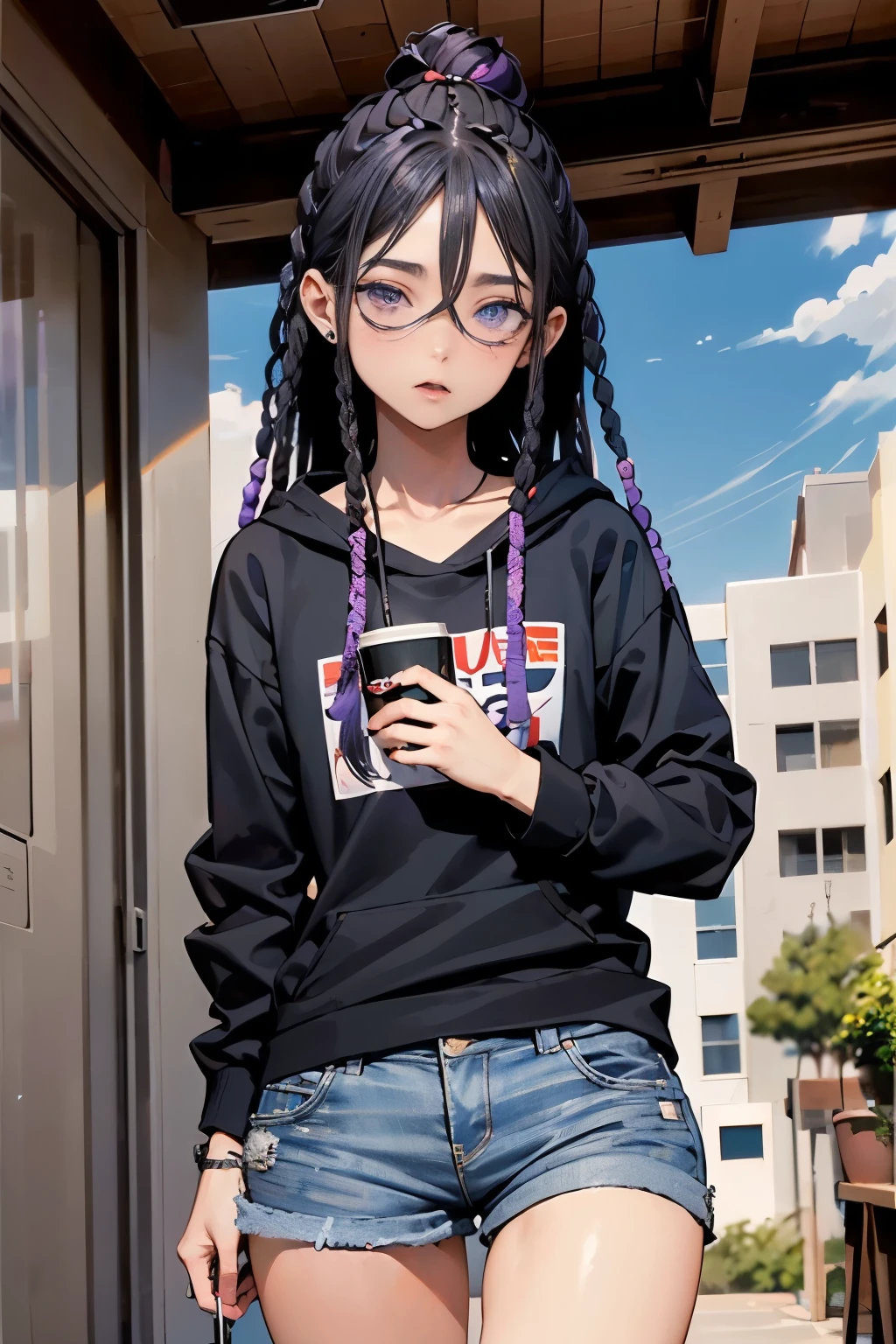 1 garota, official anime art illustration, (longo ((violet)) dreadlocks), olhos violetas, nariz arredondado, maquiagem olho de gato, ((Mulher caribenha alta, gorda, de pele escura, dentro de uma padaria, ao lado de doces frescos)), Seios pequenos, (usando moletom com capuz curto com motivo de melancia), tatuagem acima do umbigo, braceletes e pulseiras douradas, shorts jeans skinny escuro rasgado, Coxas rechonchudas, excited expression, holding coffee in hand, perfeitamente fotorrealista, Incrivelmente detalhado, 8K, UHD, Obra de arte, melhor qualidade, ultra detalhado, intricado,