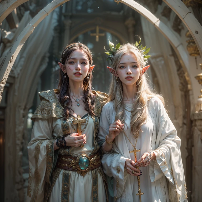 High Fantasy、Delicate depiction、Depiction of the upper body、It's like live-action、Realistic female elf standing figure、Blonde Hair、Embarrassed、A gorgeously decorated white dress、The background is a dimly lit cave